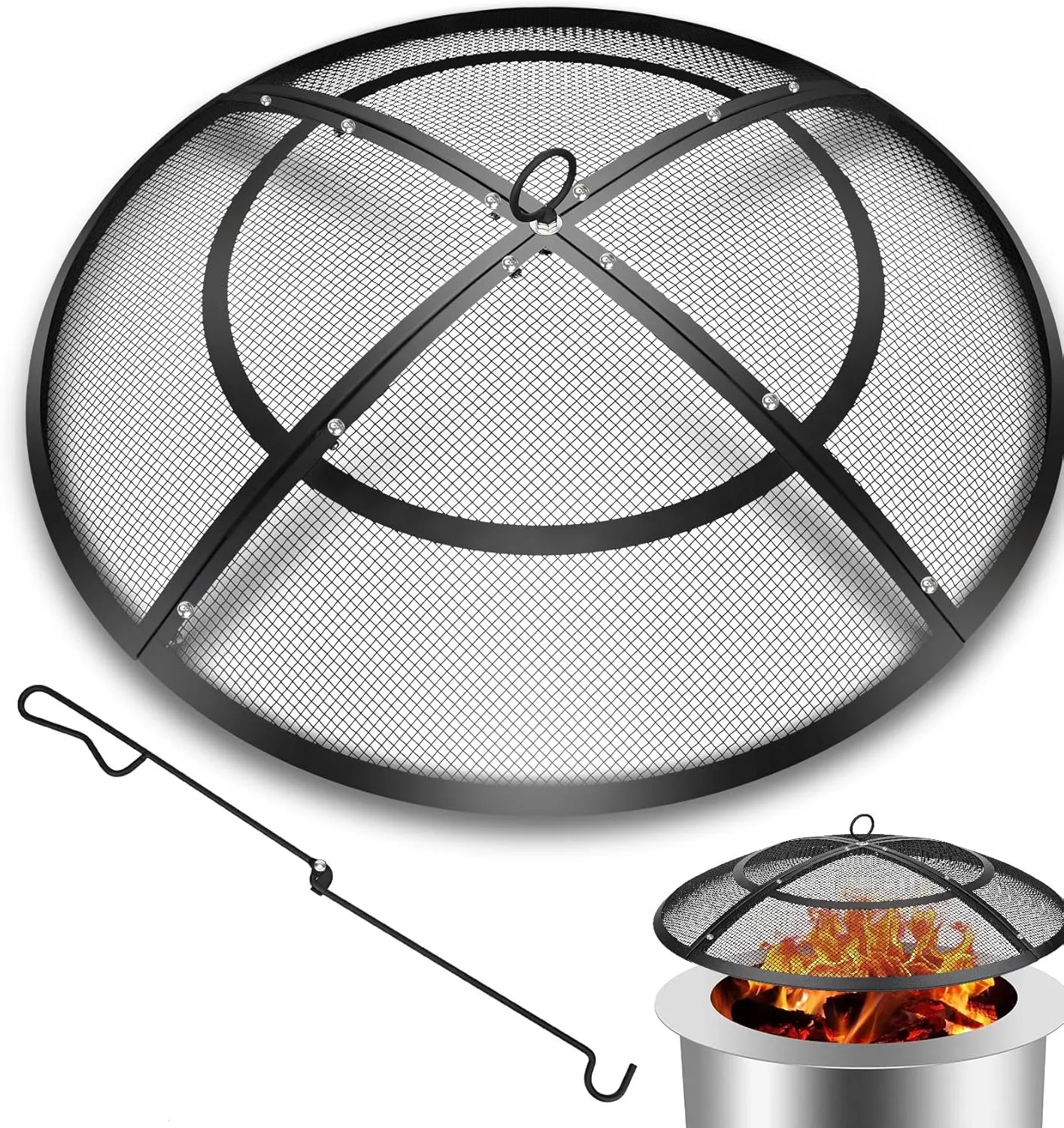 Fire Pit Spark Screen,22 Inch Fire Pit Screen Cover Outdoor with Handle&Poker,Firepit Screens Round Cover Mesh Replacement Heavy-Duty Steel Fire Pit Cover for Backyard/Beach/RV Camping