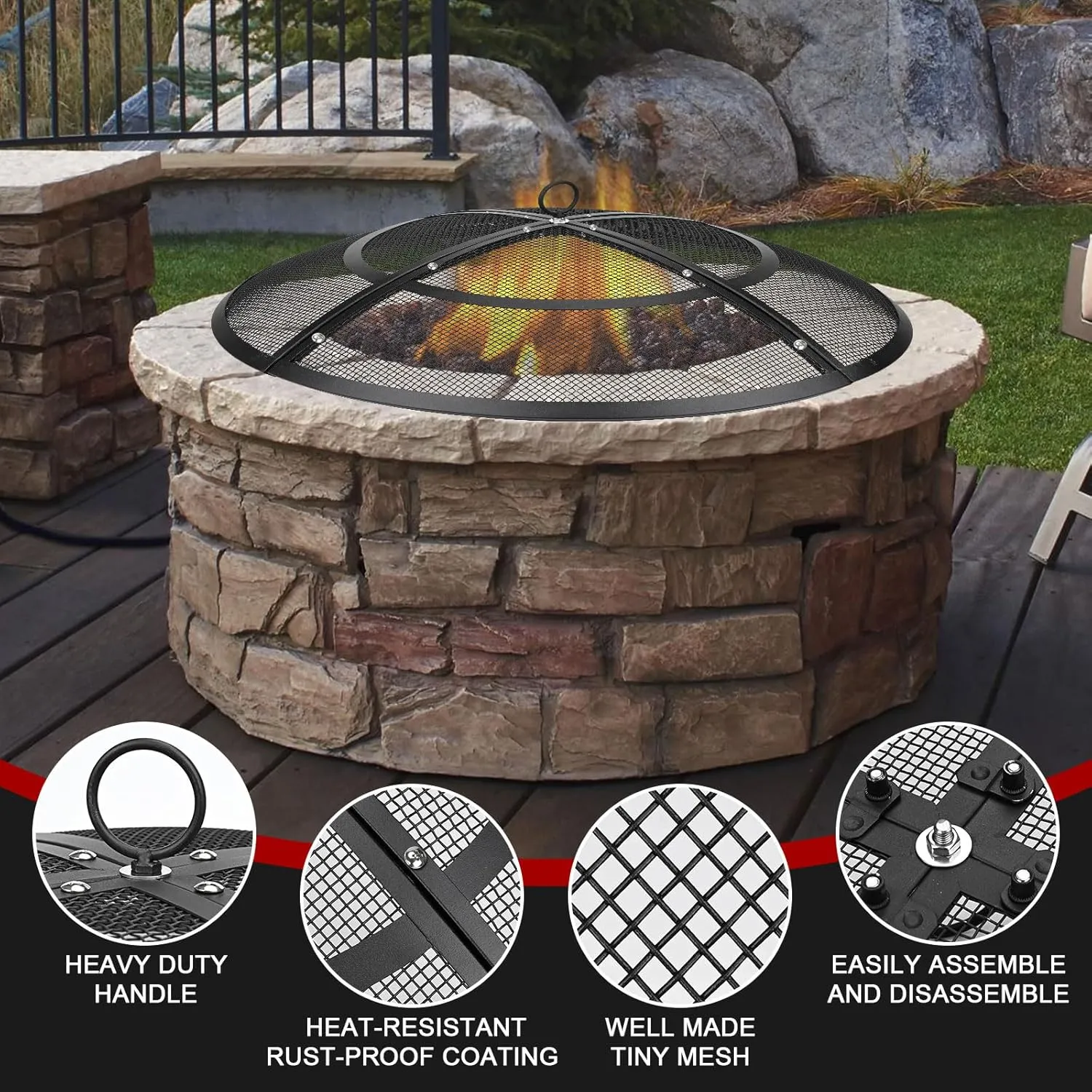 Fire Pit Spark Screen,22 Inch Fire Pit Screen Cover Outdoor with Handle&Poker,Firepit Screens Round Cover Mesh Replacement Heavy-Duty Steel Fire Pit Cover for Backyard/Beach/RV Camping