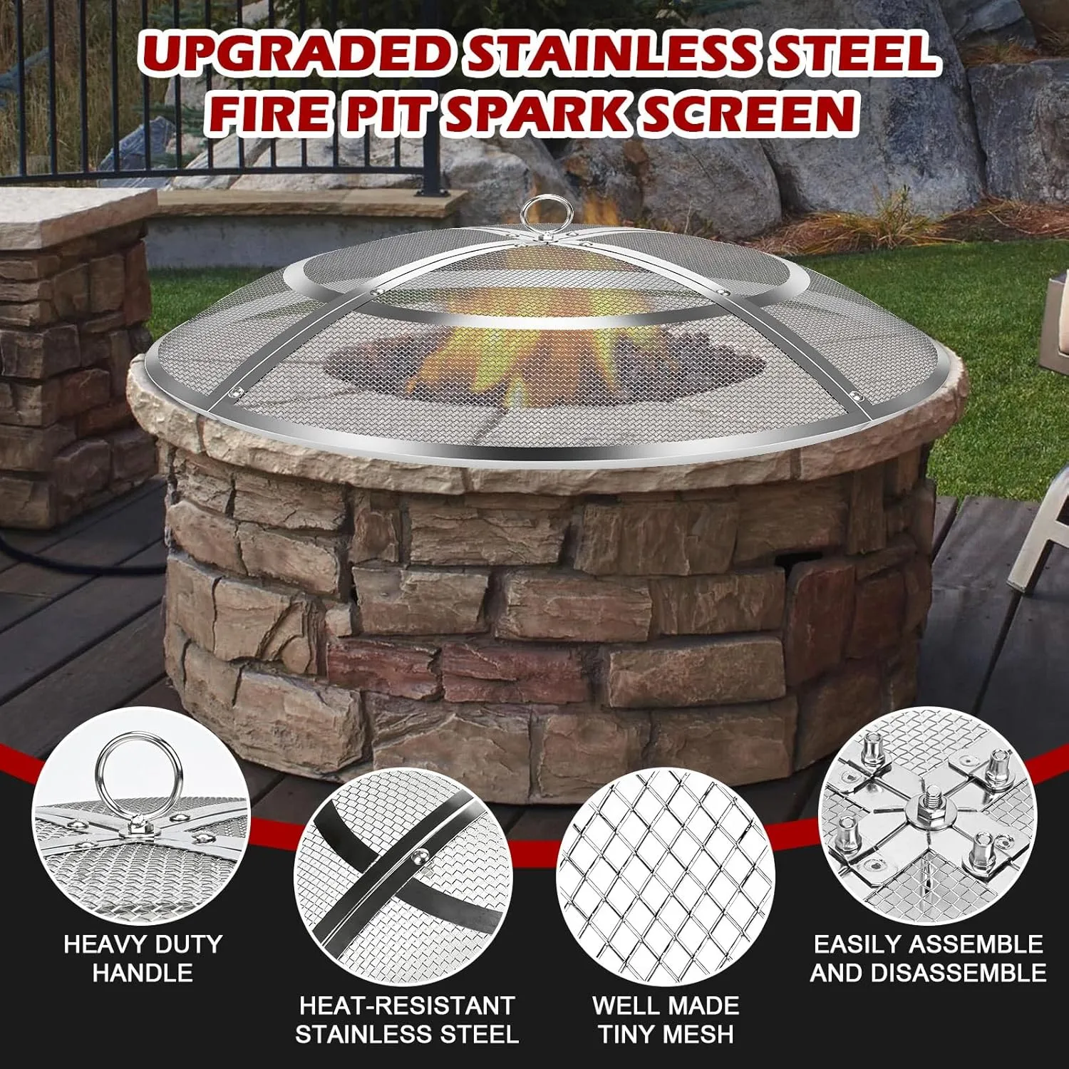 Fire Pit Spark Screen,40 Inch Fire Pit Screen Cover Stainless Steel Outdoor with Handle&Poker,Firepit Screens Cover Round Mesh Lid Heavy-Duty Steel Replacement for Backyard/Beach/RV Camping