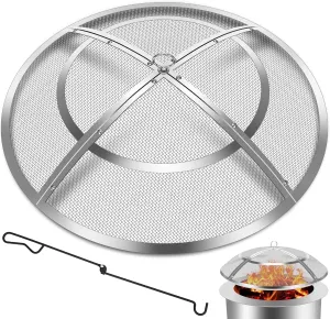 Fire Pit Spark Screen,40 Inch Fire Pit Screen Cover Stainless Steel Outdoor with Handle&Poker,Firepit Screens Cover Round Mesh Lid Heavy-Duty Steel Replacement for Backyard/Beach/RV Camping