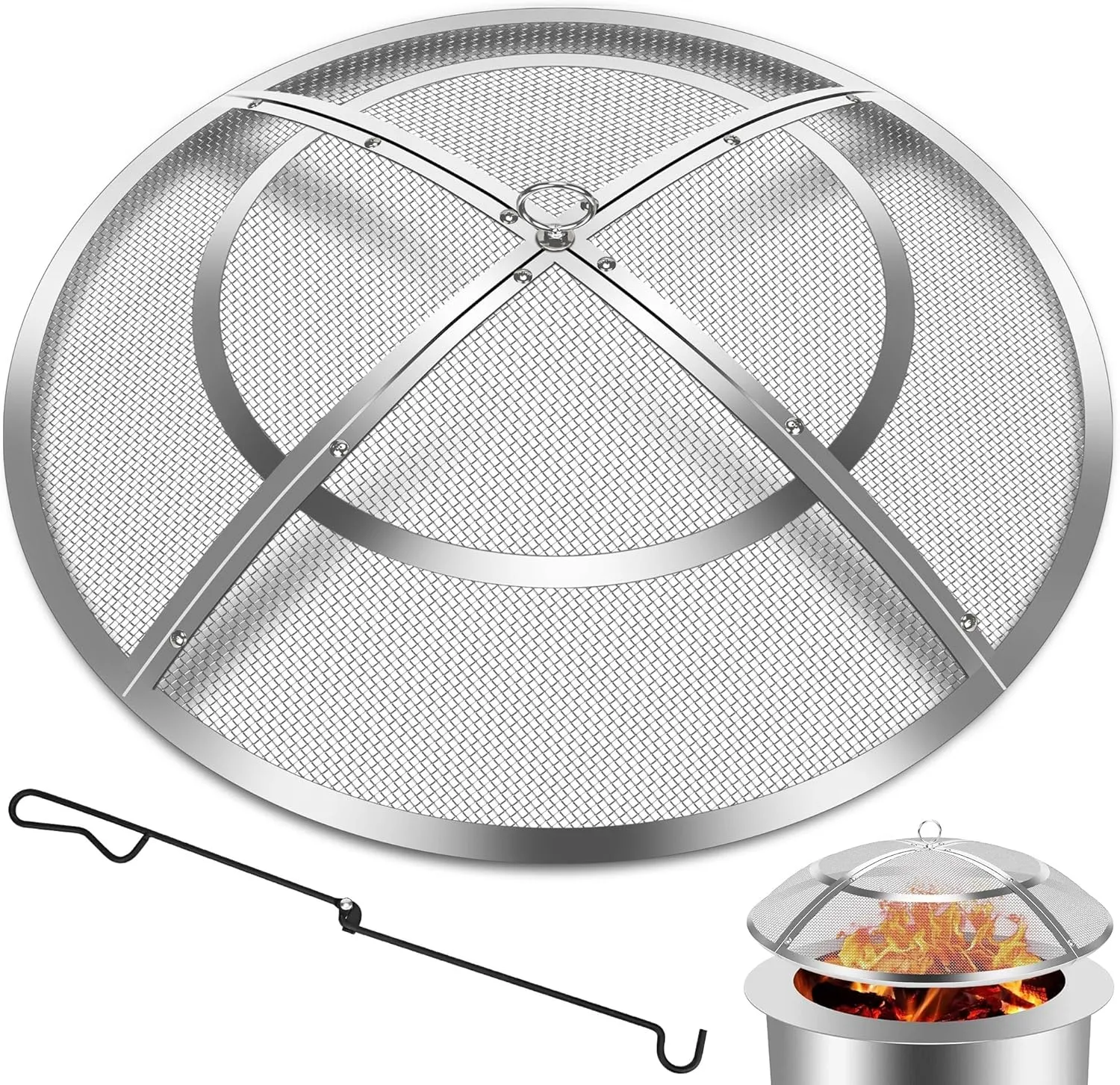 Fire Pit Spark Screen,40 Inch Fire Pit Screen Cover Stainless Steel Outdoor with Handle&Poker,Firepit Screens Cover Round Mesh Lid Heavy-Duty Steel Replacement for Backyard/Beach/RV Camping