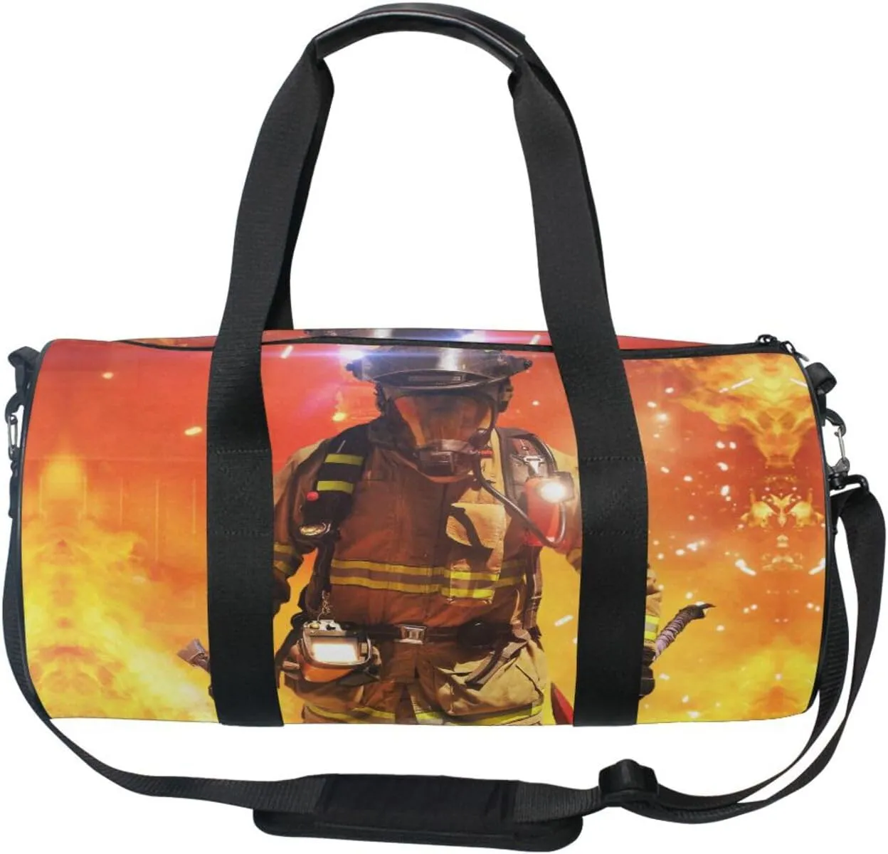 Firefighter Survivors with Tools Fire Background Portable Gym Bag, Travel Bag, Luggage bag, Sports Bag, Toiletry Bag with Handles, Detachable Shoulder Strap 17.6 x 9 x 9 inch