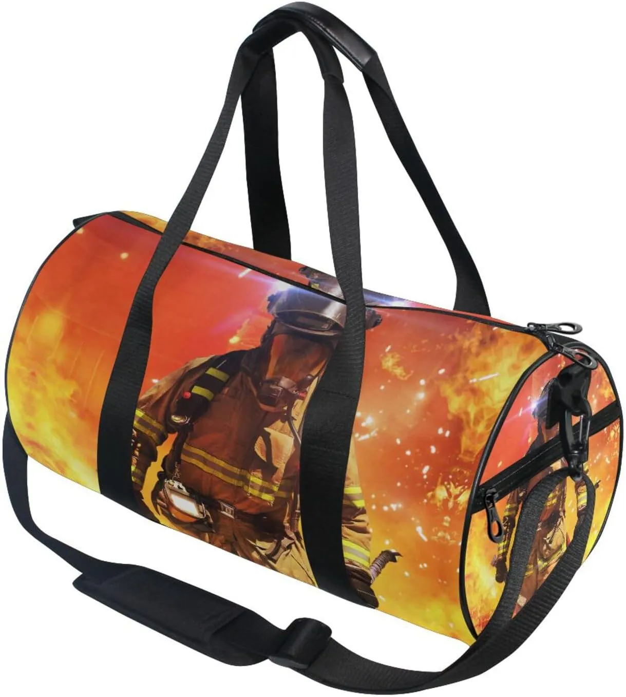 Firefighter Survivors with Tools Fire Background Portable Gym Bag, Travel Bag, Luggage bag, Sports Bag, Toiletry Bag with Handles, Detachable Shoulder Strap 17.6 x 9 x 9 inch