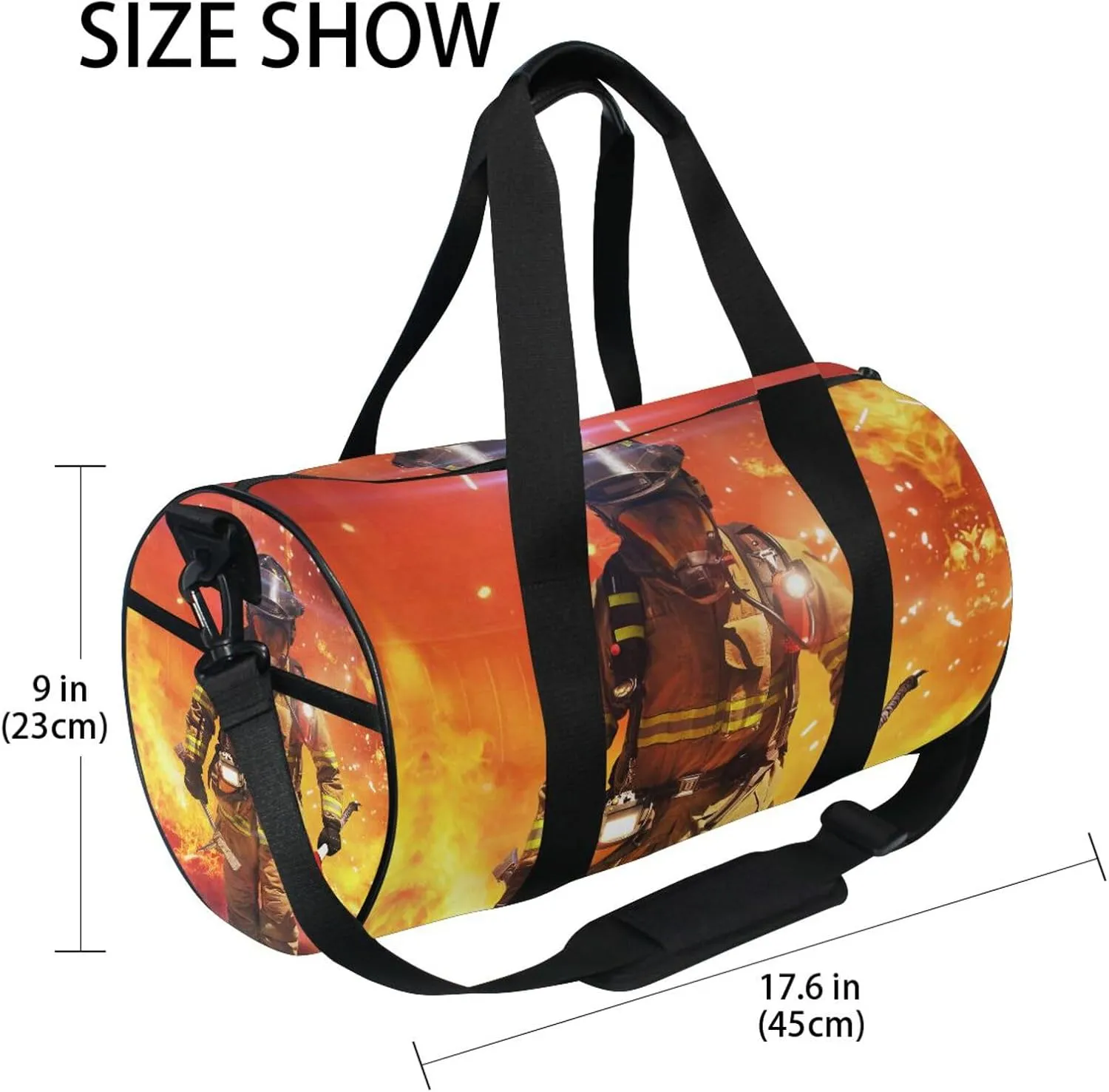 Firefighter Survivors with Tools Fire Background Portable Gym Bag, Travel Bag, Luggage bag, Sports Bag, Toiletry Bag with Handles, Detachable Shoulder Strap 17.6 x 9 x 9 inch