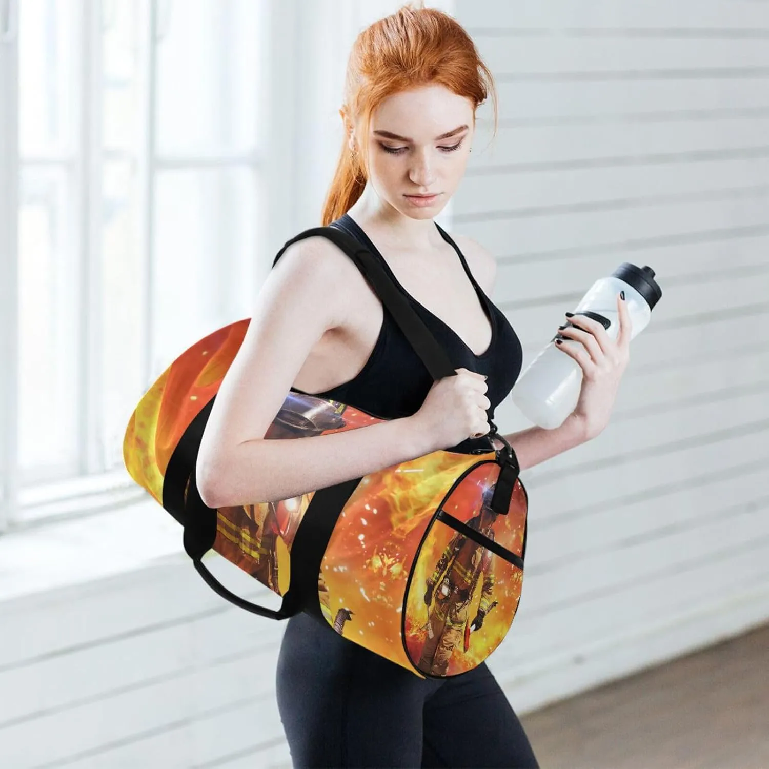 Firefighter Survivors with Tools Fire Background Portable Gym Bag, Travel Bag, Luggage bag, Sports Bag, Toiletry Bag with Handles, Detachable Shoulder Strap 17.6 x 9 x 9 inch