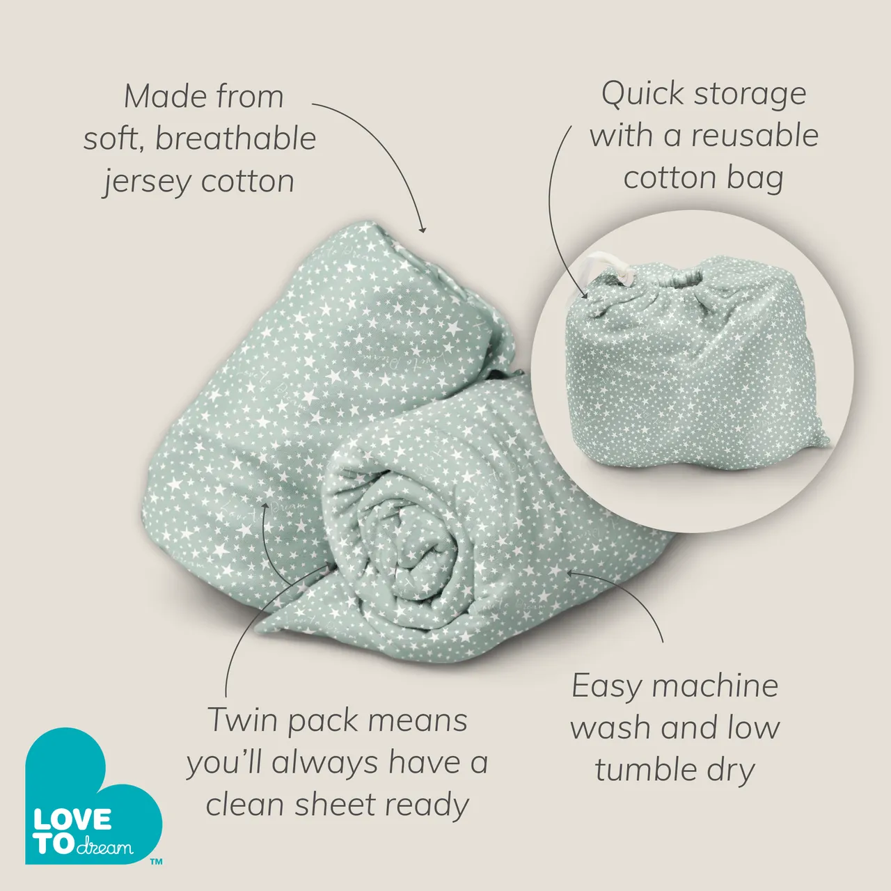 Fitted Cot/Crib Sheet Twin Pack Cotton Grey