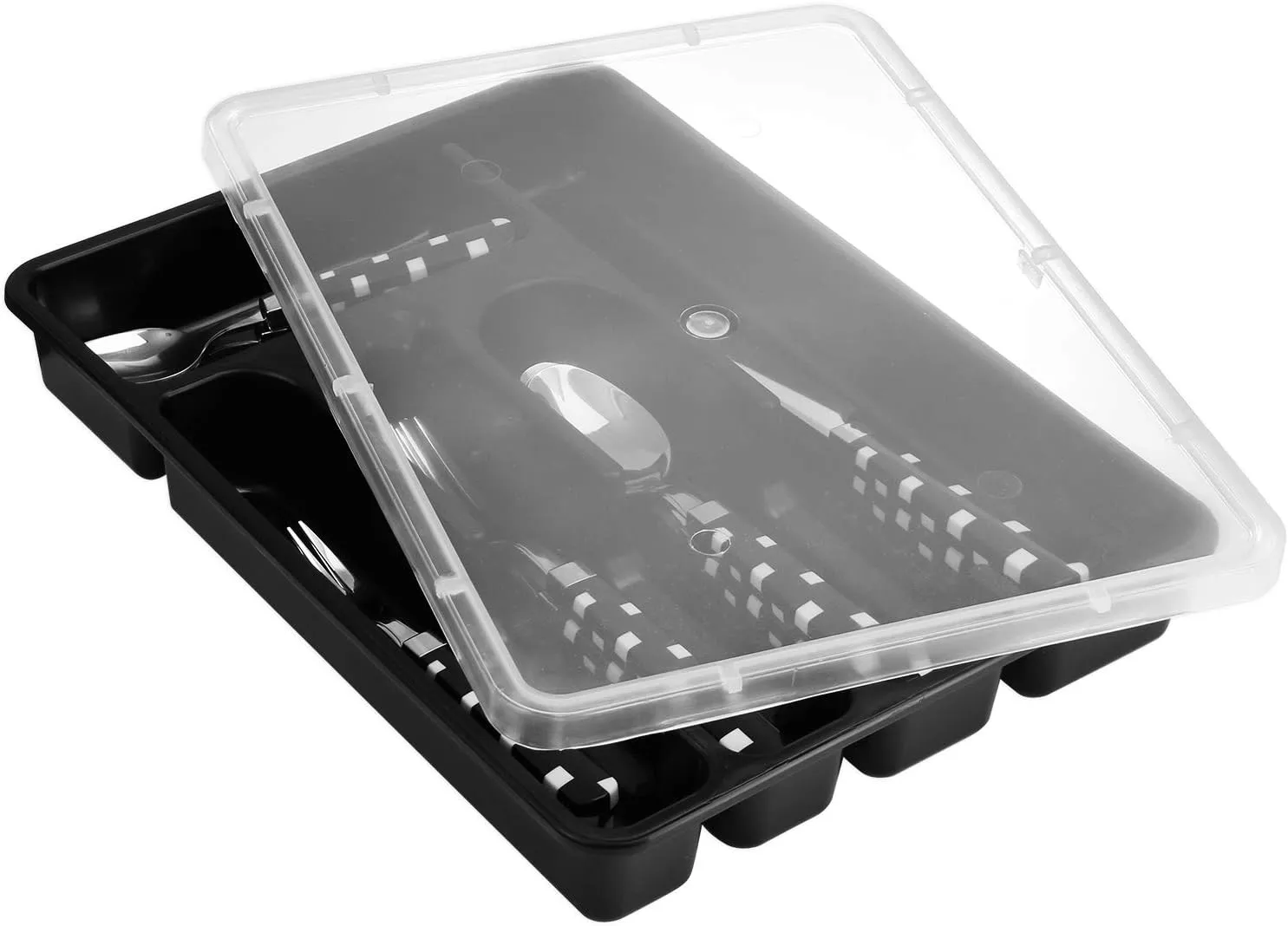 Flatware Plastic Tray with Lid, Camping Cutlery and Utensil Holder Travel Organizer, 5 Compartment Kitchen Silverware Storage Bin with Covered Top, Black