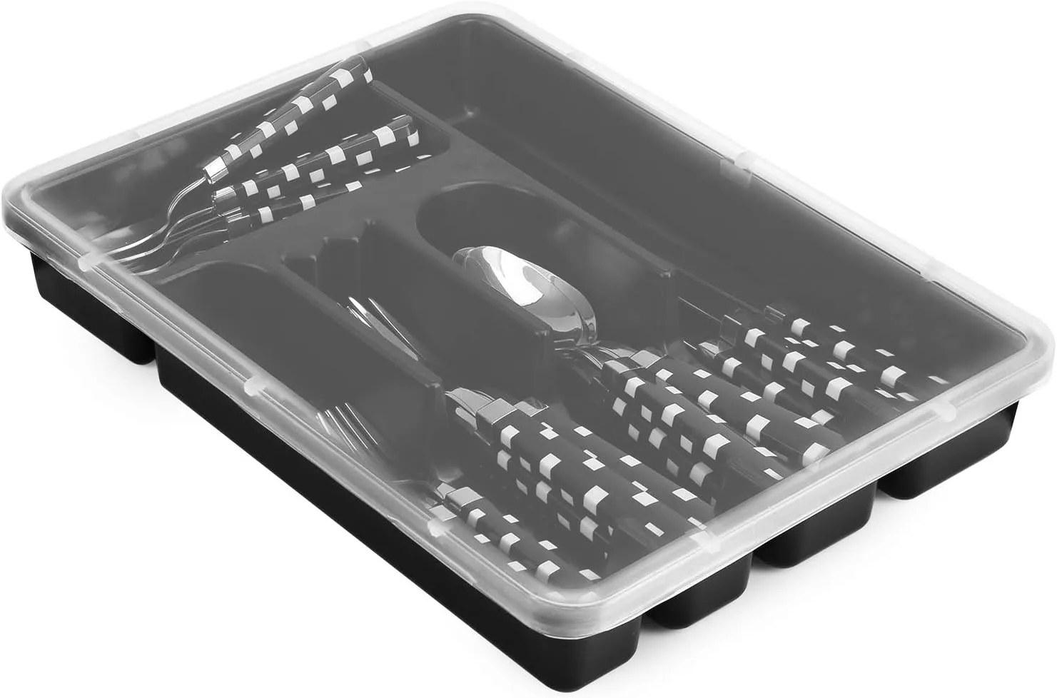 Flatware Plastic Tray with Lid, Camping Cutlery and Utensil Holder Travel Organizer, 5 Compartment Kitchen Silverware Storage Bin with Covered Top, Black