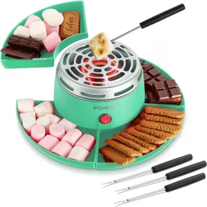 FOHERE Smores Maker Tabletop Indoor, Electric S'mores Maker with 4 Detachable Trays & Roasting Forks, Gift Set & Date Night Idea - Movie Night Supplies & Housewarming Gift, Green