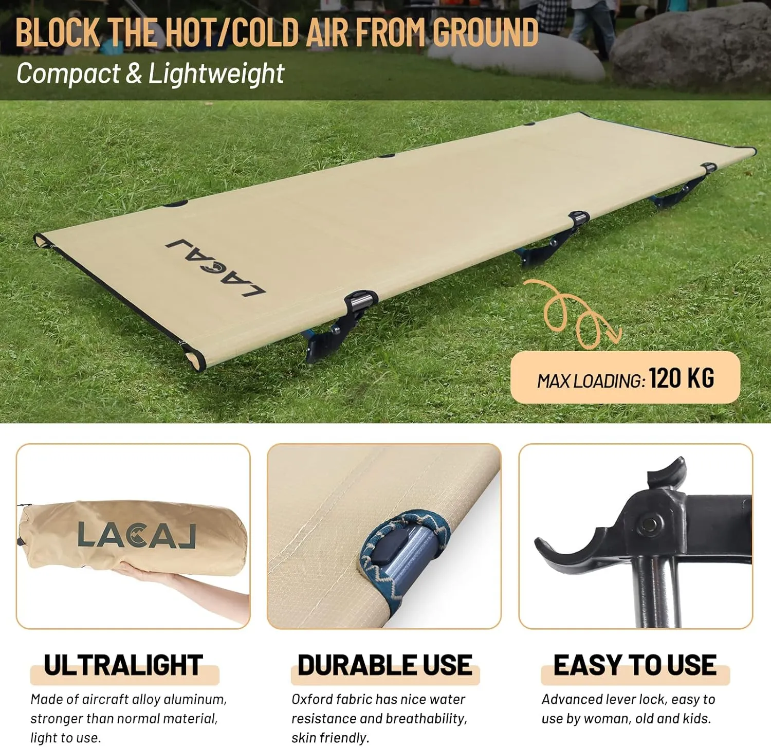 Foldable 4lb Camping Cot, Durable Travel Cot, Ultralight for Backpacking, Summer Hiking, Mountaineering, Easy to use for Woman & Man, Comes with Storage Bag(Beige)