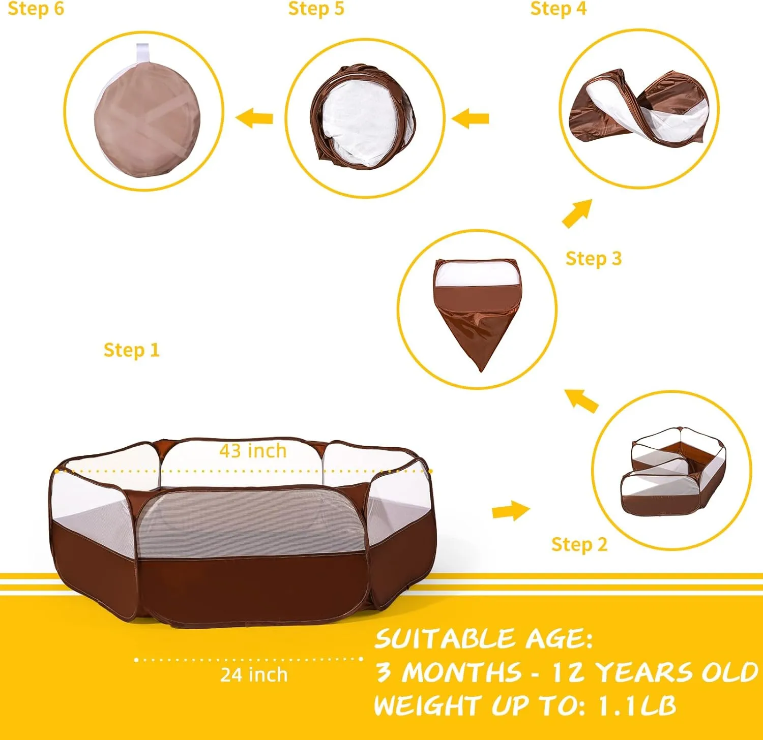 Foldable Ball Pit for Toddlers, Large Pop Up Ball Pits Kids Play Tent Crawl Playpen Ball Pool Playhouse Playpen with Storage Bag, for Boys Girls Dogs Cats Ferrets Indoor Outdoor, Coffee