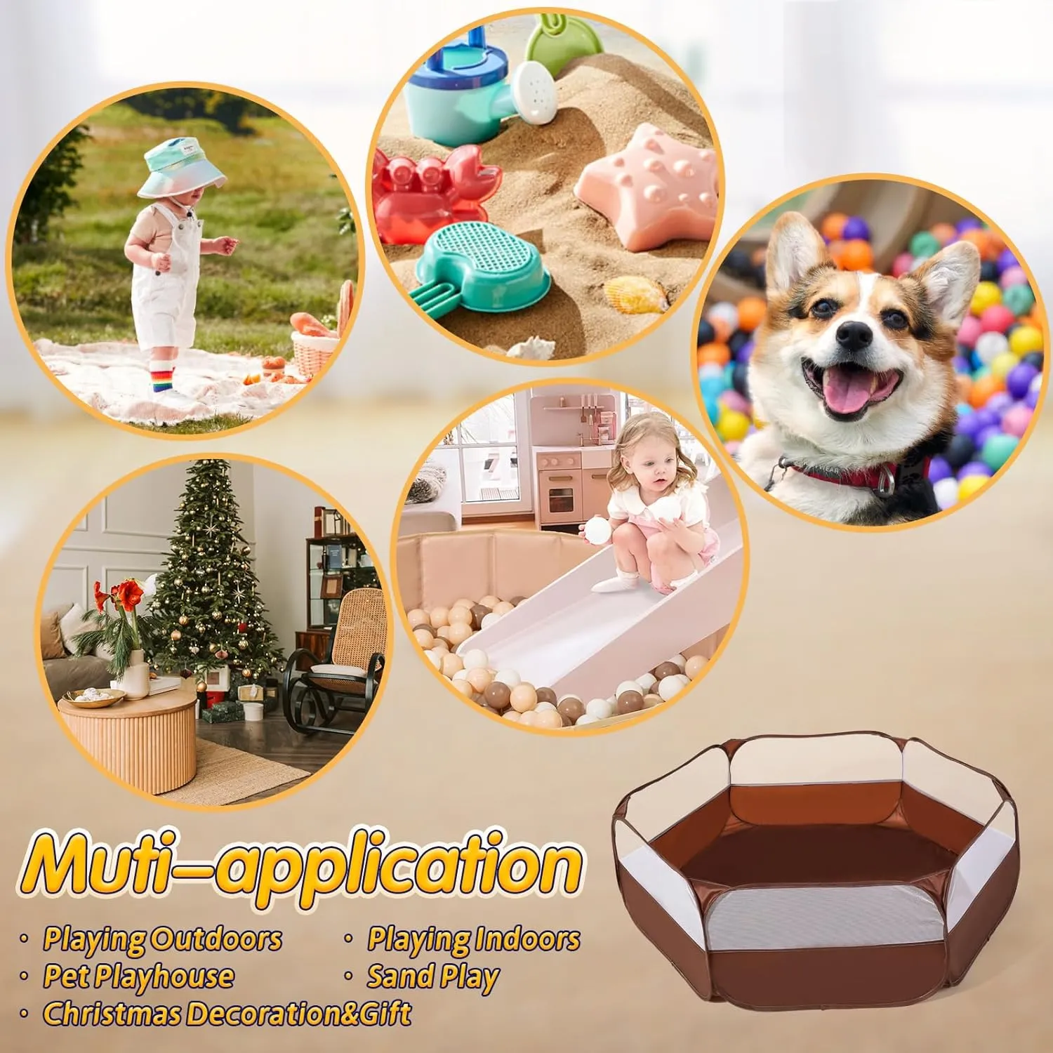 Foldable Ball Pit for Toddlers, Large Pop Up Ball Pits Kids Play Tent Crawl Playpen Ball Pool Playhouse Playpen with Storage Bag, for Boys Girls Dogs Cats Ferrets Indoor Outdoor, Coffee