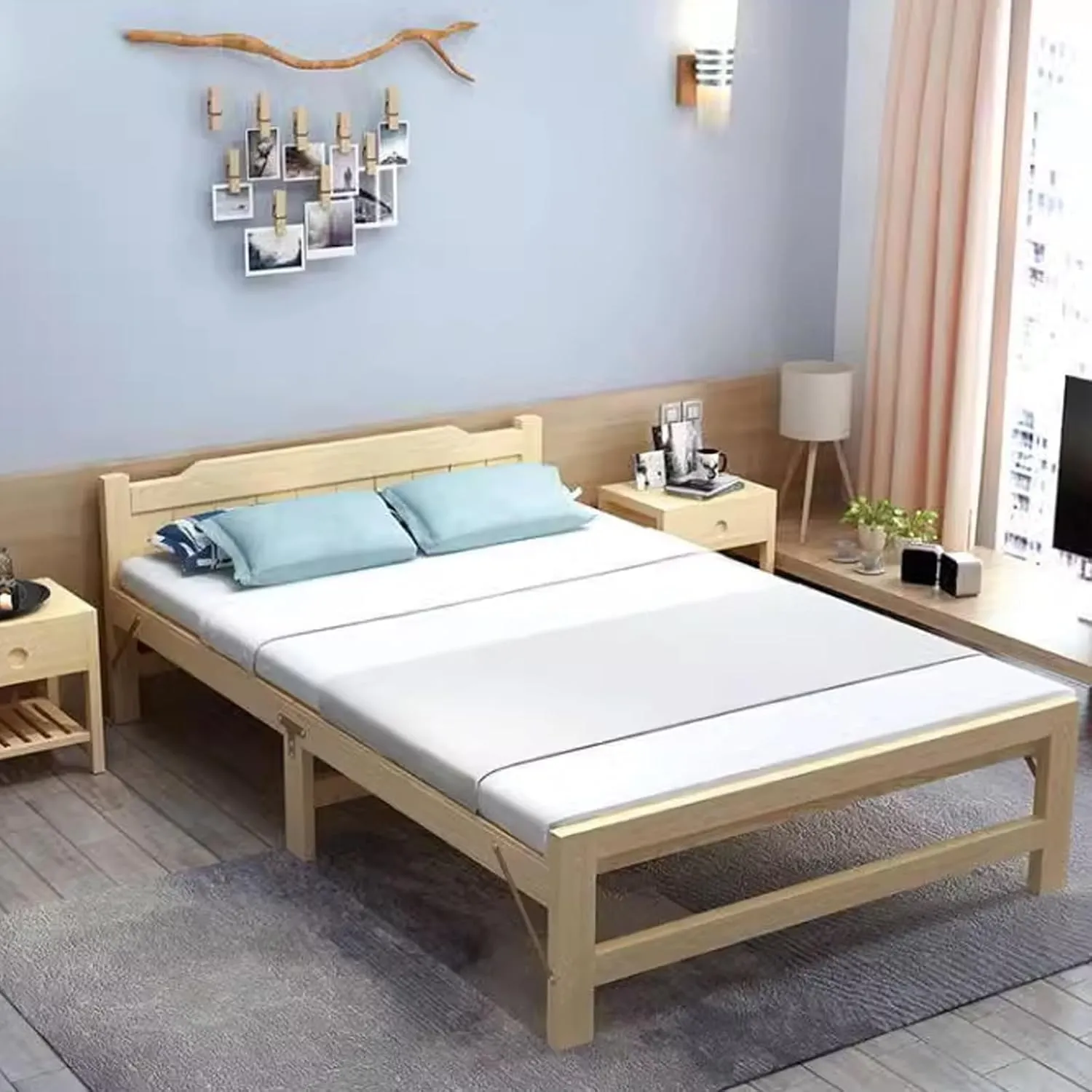 Foldable Bed with Mattress Heavy Duty, Portable Folding Bed Easy to Carry, Cots for Sleeping Made of Wood with Strong Support, Outdoor Folding Lounge Chair(80cm)