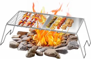 Foldable Campfire Grill Grate, Camping Cooking Racks for Fire Pit, Outdoor Camp Grill Firepit, Stainless Steel Griddle Warming Rack