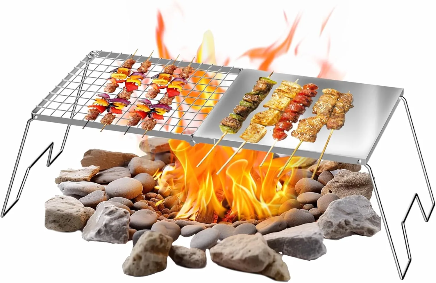 Foldable Campfire Grill Grate, Camping Cooking Racks for Fire Pit, Outdoor Camp Grill Firepit, Stainless Steel Griddle Warming Rack