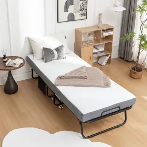 Foldable Metal Frame Bed For Guest With Memory Foam Mattress On Wheels, Saving Space Rollaway Bed