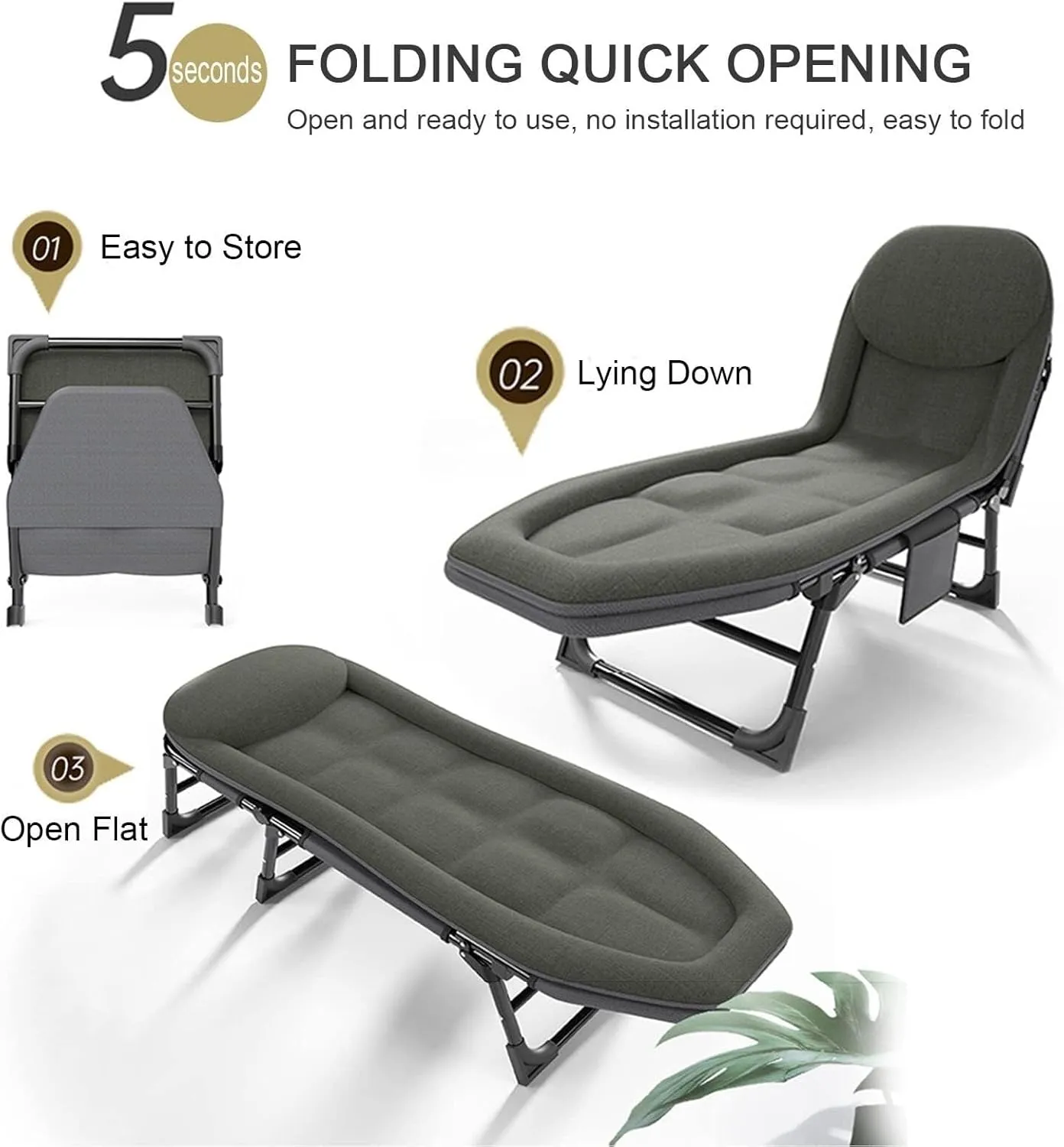 Folding Camping Cot, 5Position Folding Chaise Lounge Chair for Indoor Outdoor Travel Heavy Duty Supports 330 Lbs, for Camping, Pool, Beach,B(White)