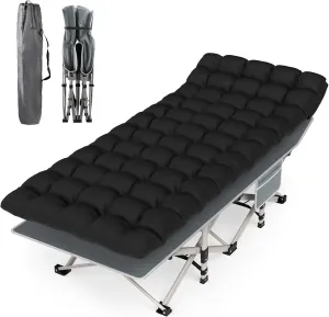 Folding Camping Cot Bed, Double Layer Oxford Portable Cot W/Soft Pad Carry Bag for Home Office Nap Beach Travel,Portable Folding Outdoor Cots (Black)