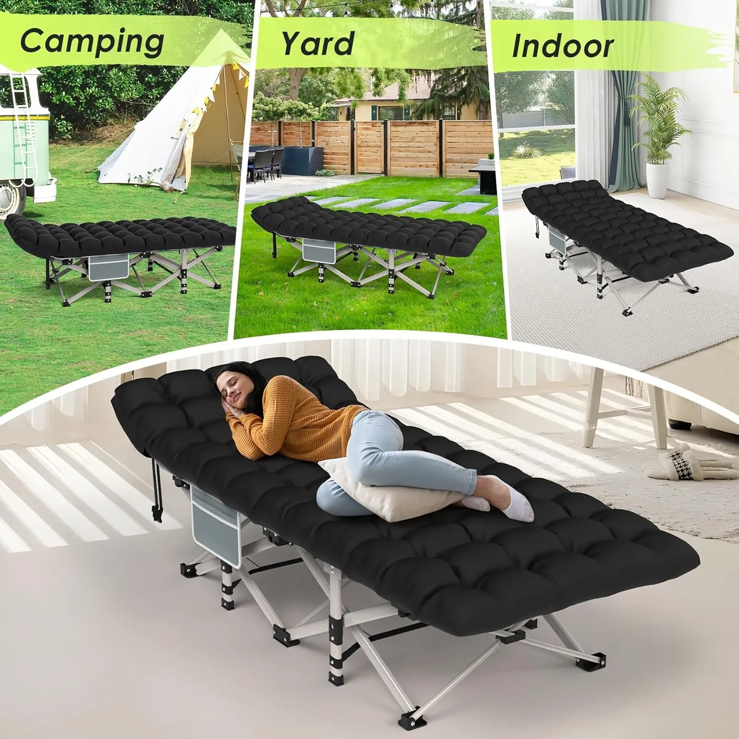 Folding Camping Cot Bed, Double Layer Oxford Portable Cot W/Soft Pad Carry Bag for Home Office Nap Beach Travel,Portable Folding Outdoor Cots (Black)