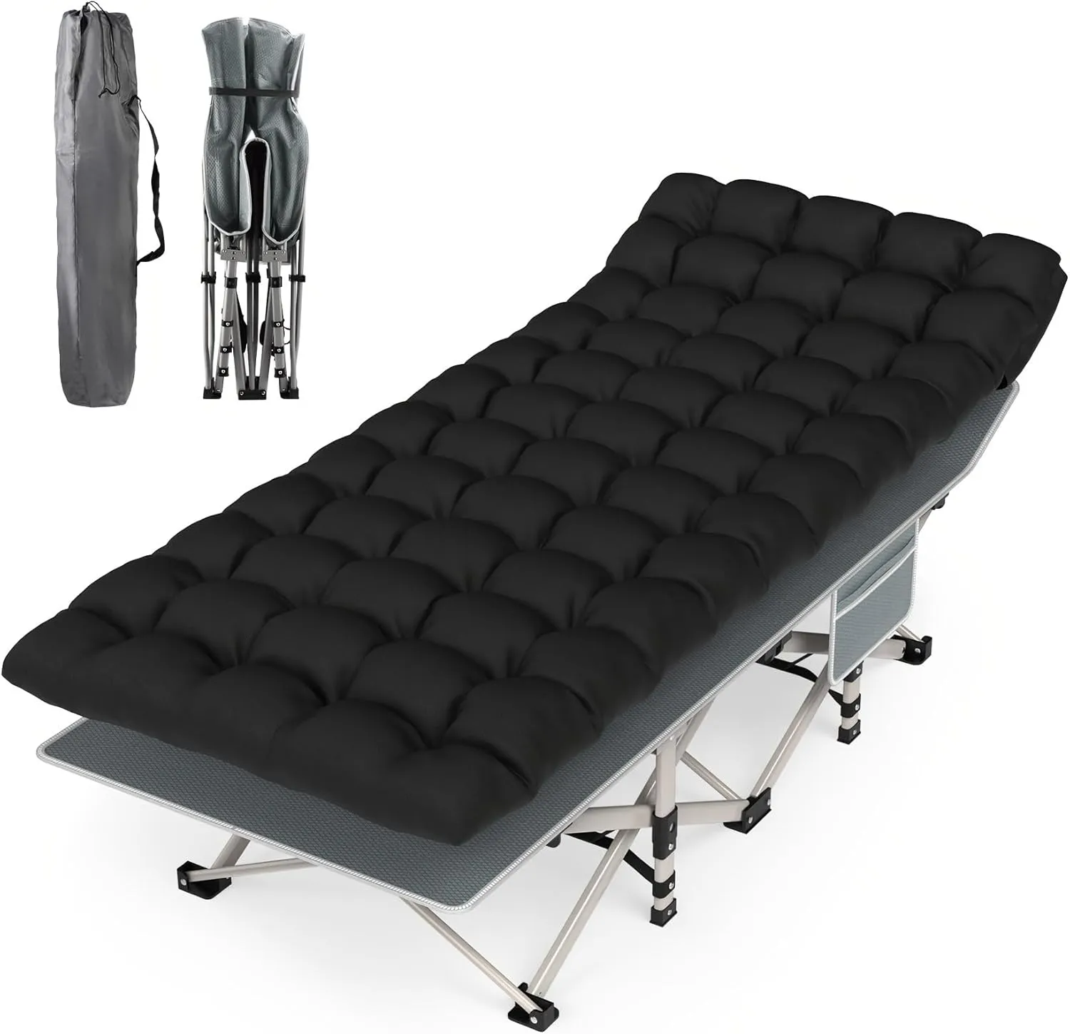 Folding Camping Cot Bed, Double Layer Oxford Portable Cot W/Soft Pad Carry Bag for Home Office Nap Beach Travel,Portable Folding Outdoor Cots (Black)