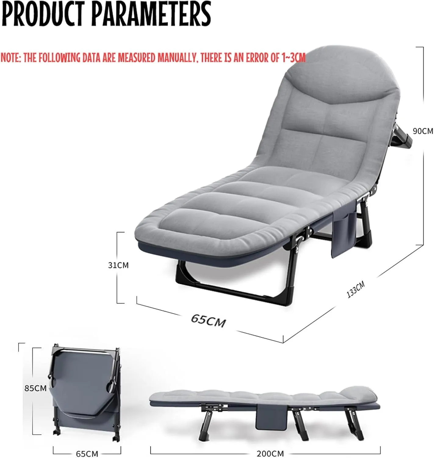 Folding Camping Cot, Folding Camping Cot for Adults, 6-Position Folding Chaise Lounge Chair for Indoor Outdoor Travel Heavy Duty Supports 330 Lbs,B,200cm
