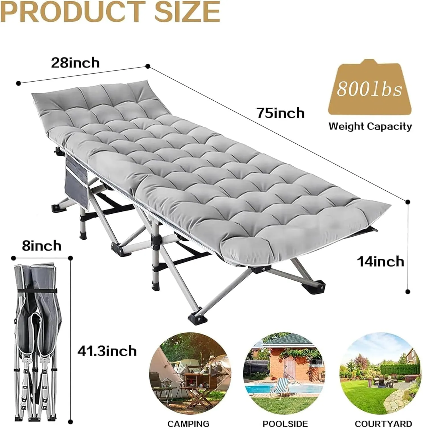 Folding Camping Cot for Adults - Heavy Duty Sleeping Cots with Carry Bag, Double Layer Oxford Portable Travel Camp Cots for Outdoor Camp Beach Home Office (Silver Frame with Gray Pad, 1PACK)