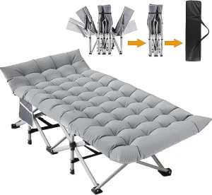 Folding Camping Cot for Adults - Heavy Duty Sleeping Cots with Carry Bag, Double Layer Oxford Portable Travel Camp Cots for Outdoor Camp Beach Home Office (Silver Frame with Gray Pad, 1PACK)