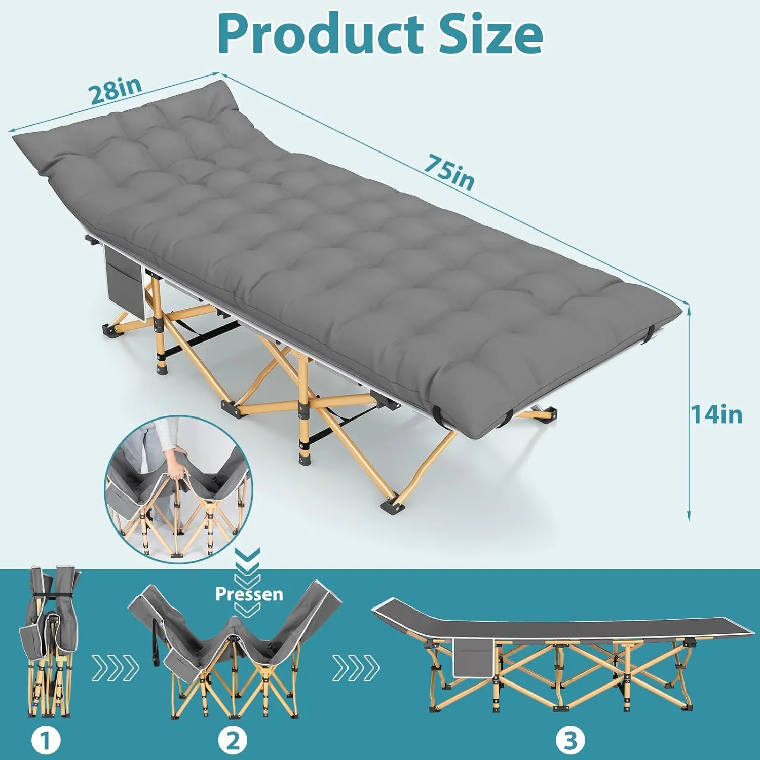 Folding Camping Cot for Adults, Heavy Duty Sleeping Cots with Mattress, Carry Bag, 1200D Double Layer Oxford Portable Camp Cots for Home Office Outdoor