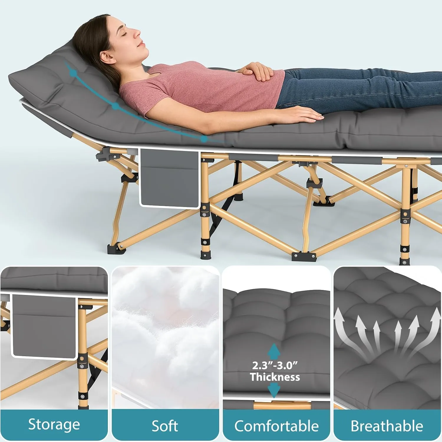 Folding Camping Cot for Adults, Heavy Duty Sleeping Cots with Mattress, Carry Bag, 1200D Double Layer Oxford Portable Camp Cots for Home Office Outdoor