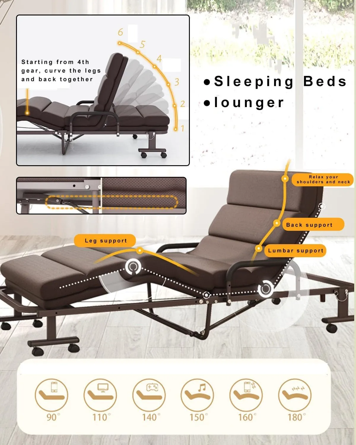Folding Camping Cot for Adults, Six-Position Back Adjustment，Heavy Duty Guest Bed with Adjustable Pillow, Travel Camp Cots for Home, Office Nap and Outdoor