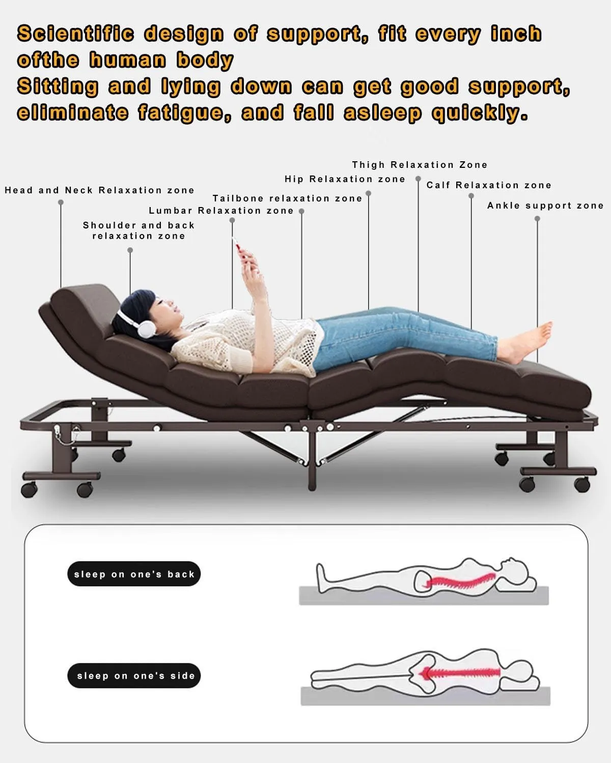 Folding Camping Cot for Adults, Six-Position Back Adjustment，Heavy Duty Guest Bed with Adjustable Pillow, Travel Camp Cots for Home, Office Nap and Outdoor