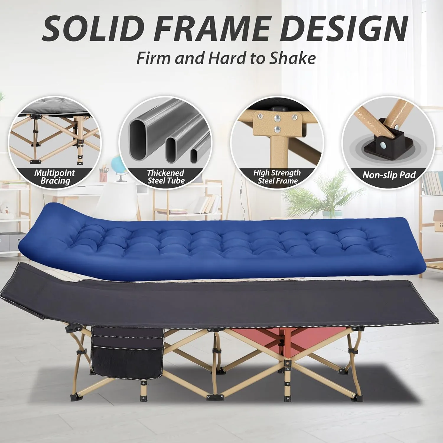 Folding Camping Cot for Sleeping, Portable Cots for Adults, Heavy Duty Cot Bed 550LBS(Max Load), Extra Wider Cots with Large Pocket for Outdoor, Office, Beach