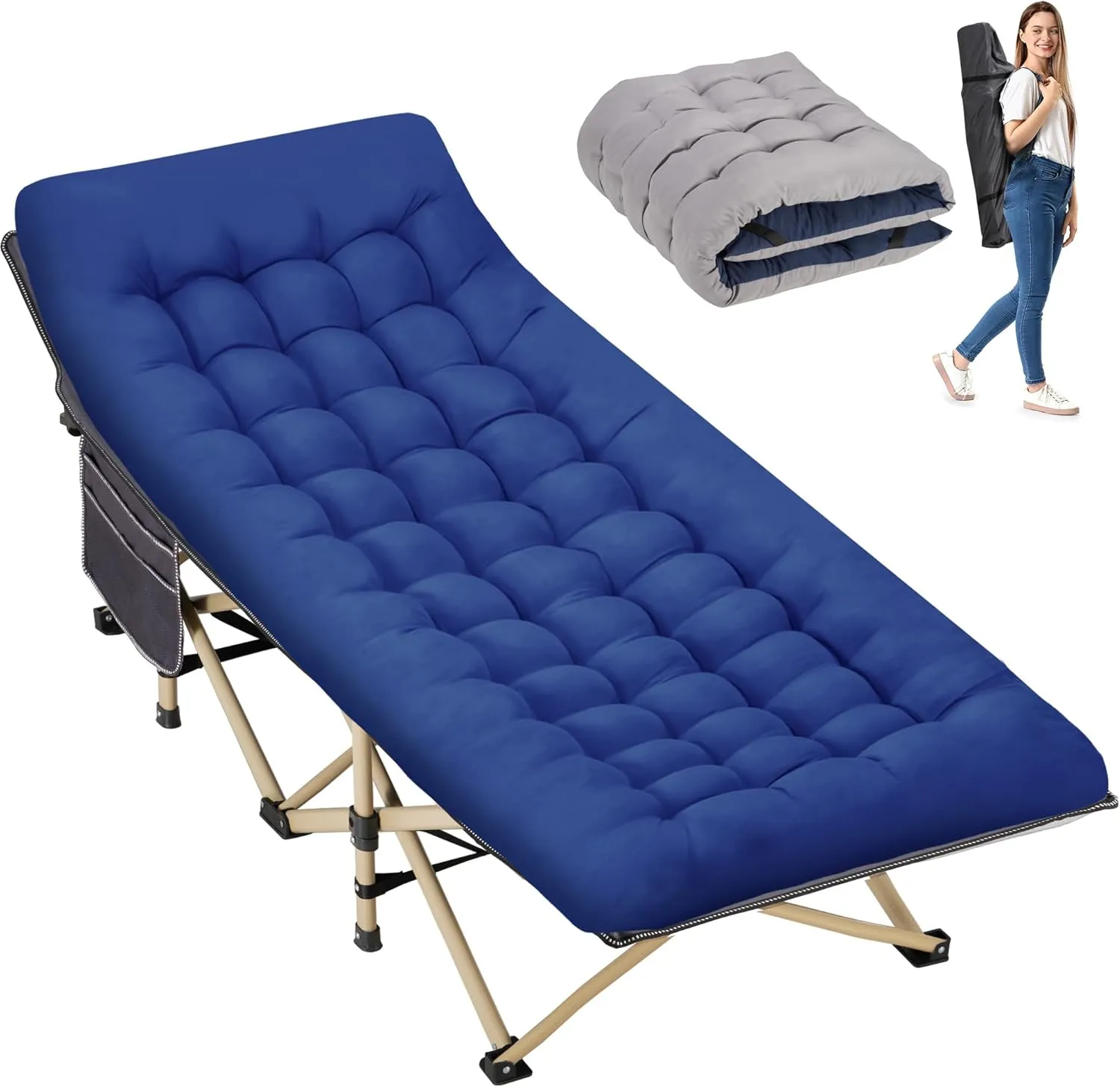 Folding Camping Cot for Sleeping, Portable Cots for Adults, Heavy Duty Cot Bed 550LBS(Max Load), Extra Wider Cots with Large Pocket for Outdoor, Office, Beach