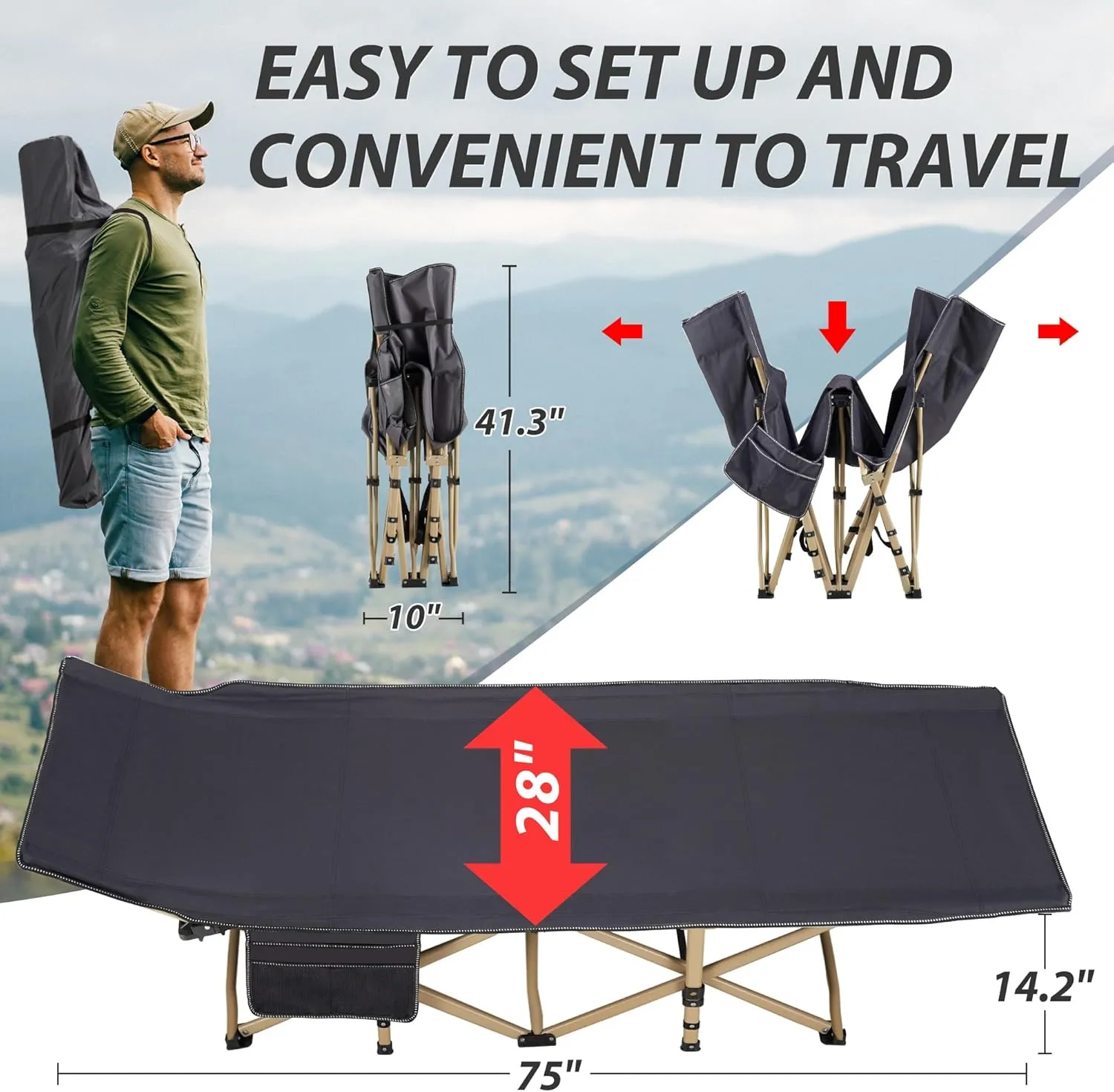 Folding Camping Cot for Sleeping, Portable Cots for Adults, Heavy Duty Cot Bed 550LBS(Max Load), Extra Wider Cots with Large Pocket for Outdoor, Office, Beach