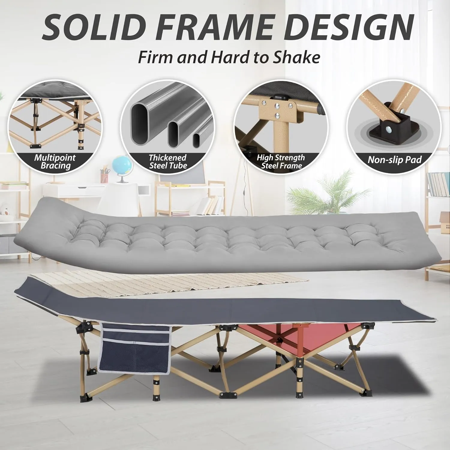 Folding Camping Cot for Sleeping, Portable Cots for Adults, Heavy Duty Cot Bed 550LBS(Max Load), Extra Wider Cots with Large Pocket for Outdoor, Office, Beach
