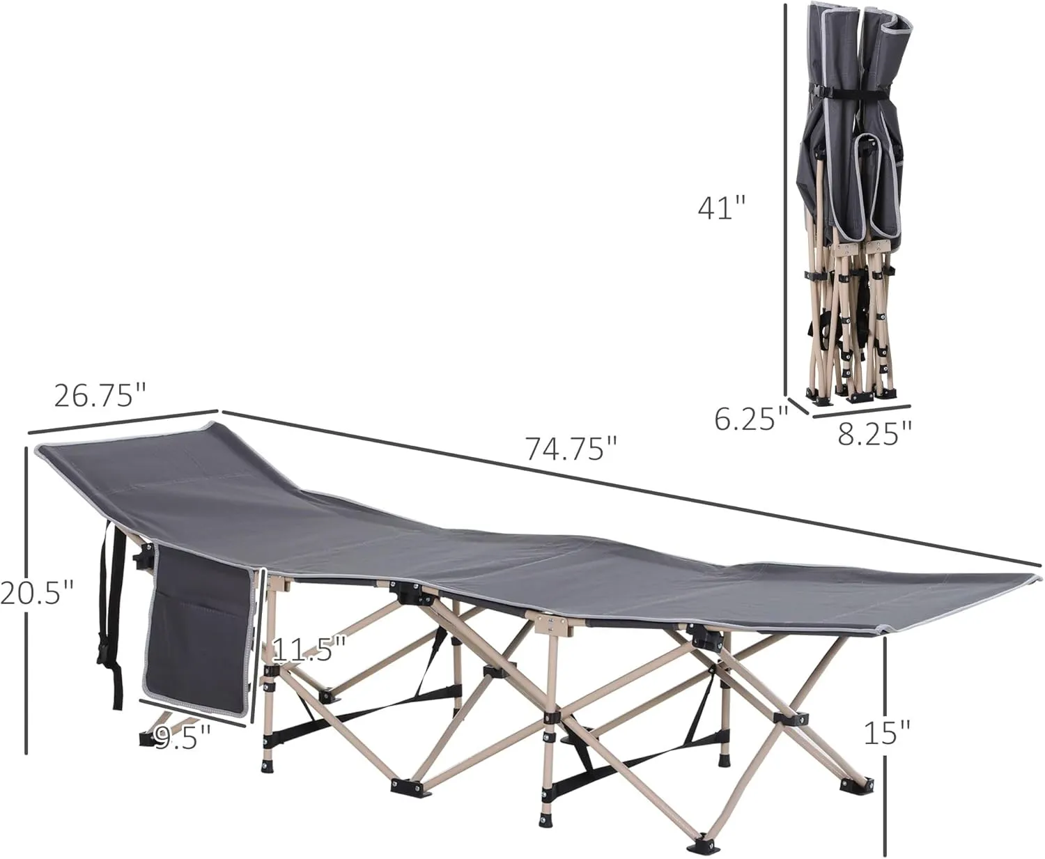 Folding Camping Cot with Carry Bag & Side Pocket,for Travel, Camp, Vacation(74.80"×26.80"×20.50"). (Gray)