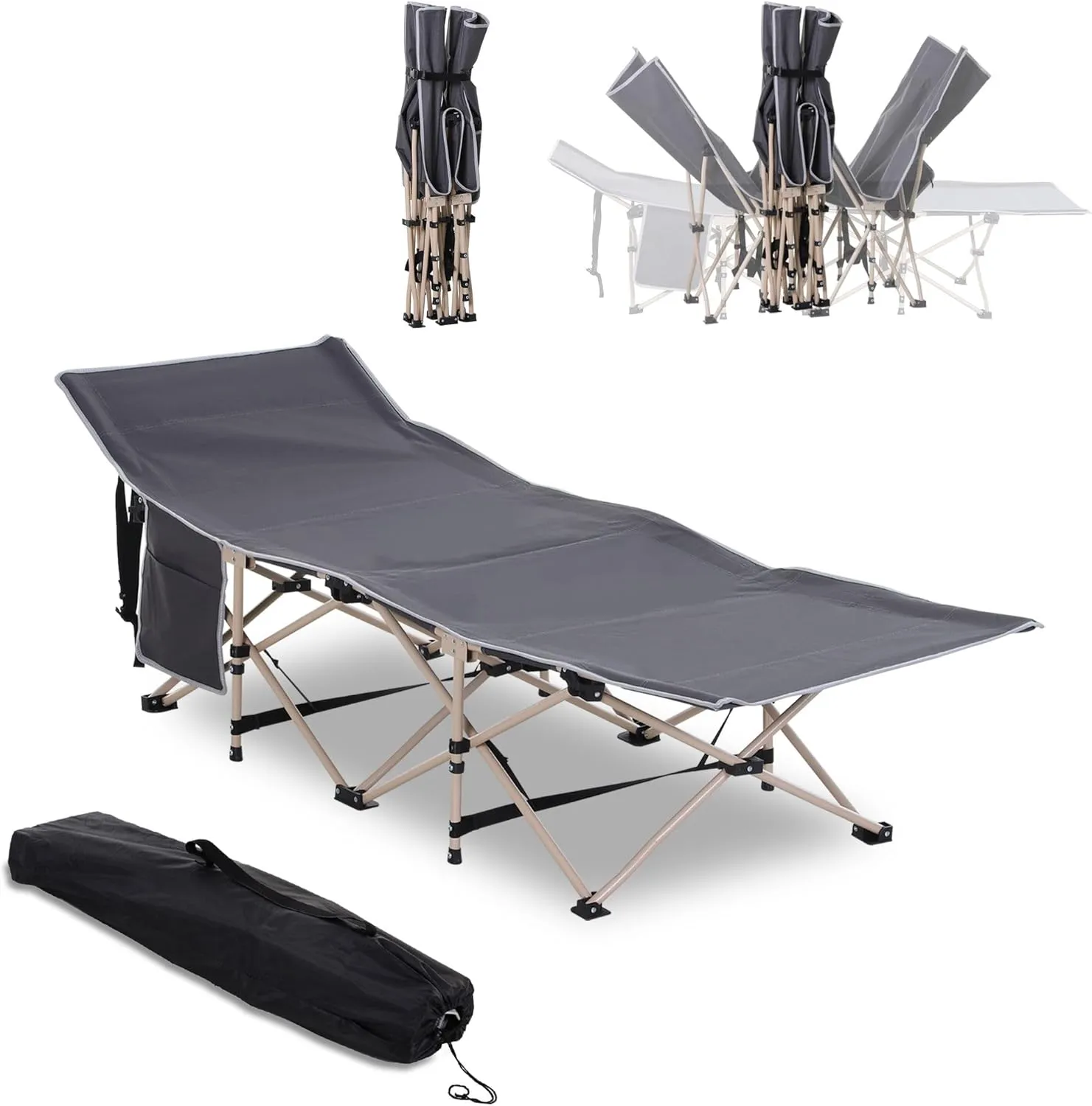 Folding Camping Cot with Carry Bag & Side Pocket,for Travel, Camp, Vacation(74.80"×26.80"×20.50"). (Gray)