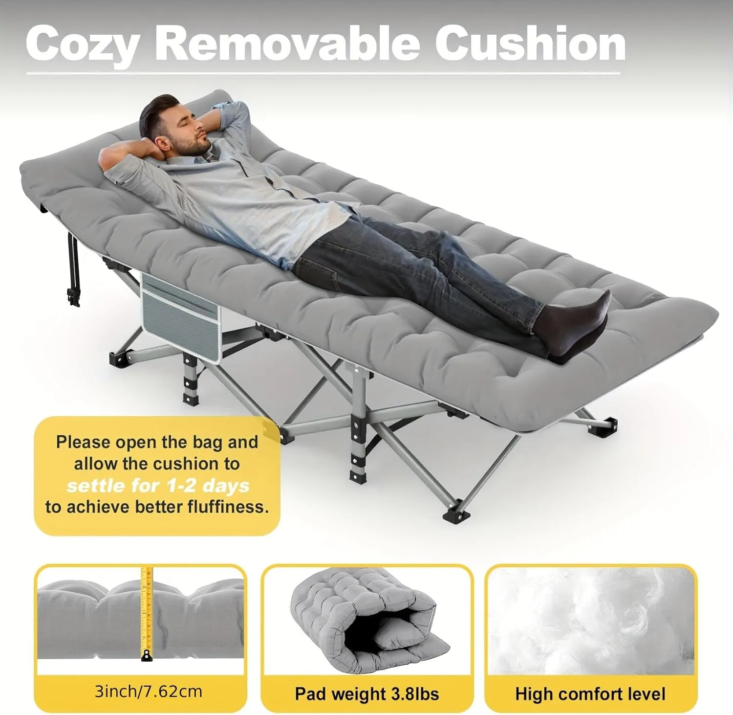 Folding Camping Cot with Mattress, Sleeping Cots for Adults, Portable Travel Camp Cot Bed with Carry Bag, Heavy Duty Outdoor Bed for Home Office Beach Tent (Gray), Grey
