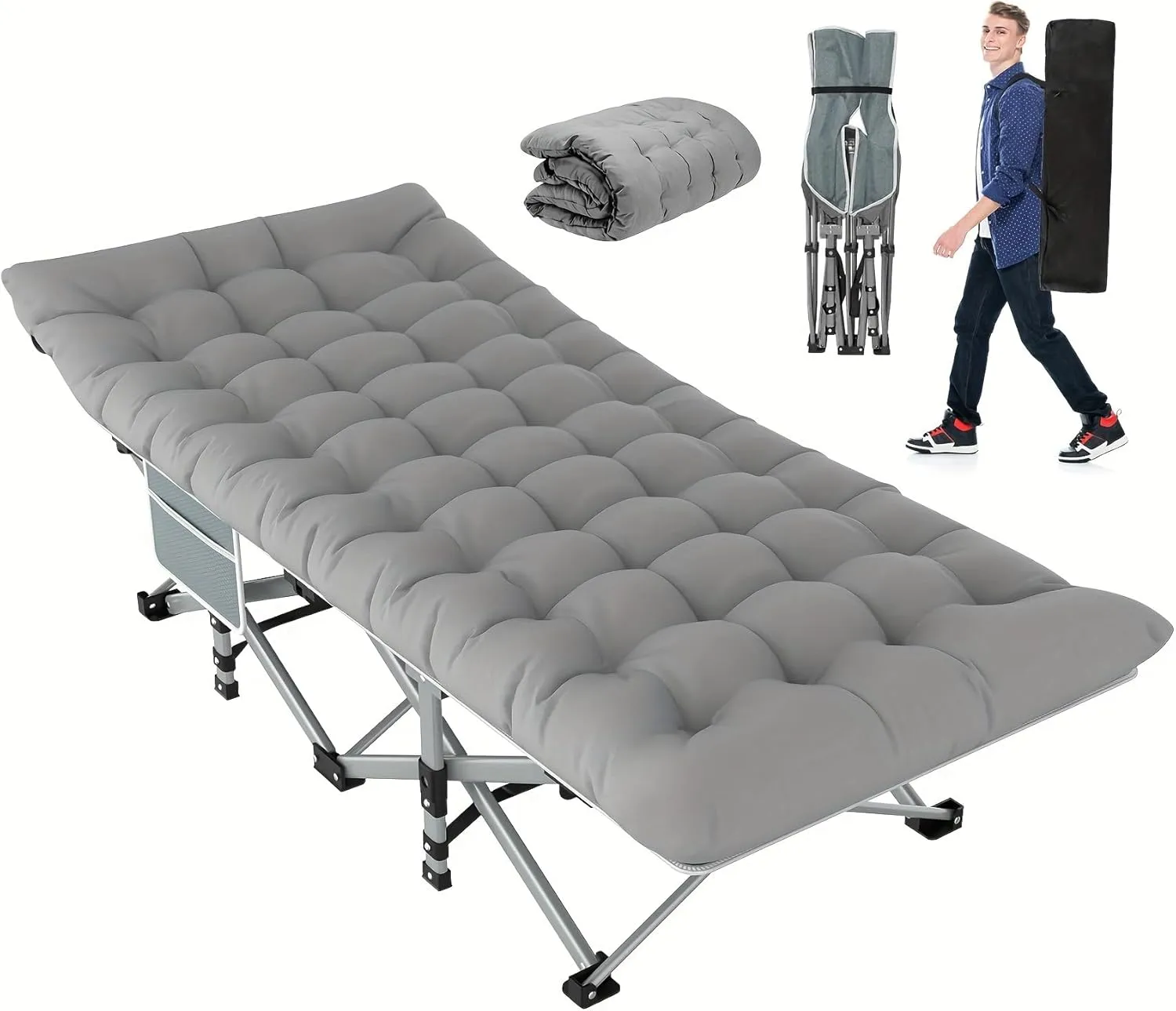 Folding Camping Cot with Mattress, Sleeping Cots for Adults, Portable Travel Camp Cot Bed with Carry Bag, Heavy Duty Outdoor Bed for Home Office Beach Tent (Gray), Grey