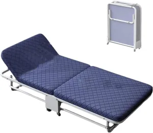 Folding Camping Cot,Camping Cot for Adults, Adjustable 5 Position Portable Foldable Guest Bed with Wheels Easy Storage and Move(Blue,188 * 110 * 28cm)