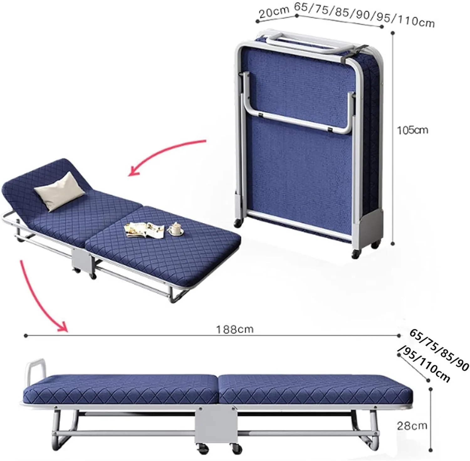 Folding Camping Cot,Camping Cot for Adults, Adjustable 5 Position Portable Foldable Guest Bed with Wheels Easy Storage and Move(Blue,188 * 110 * 28cm)