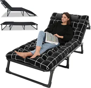 Folding Camping Cots for Adults, Adjustable Portable Folding Cot with Cozy Mattress and Pillow, Portable Cot Bed for Camping, Rv Trips, Beach, Patio, Office Naps, Black