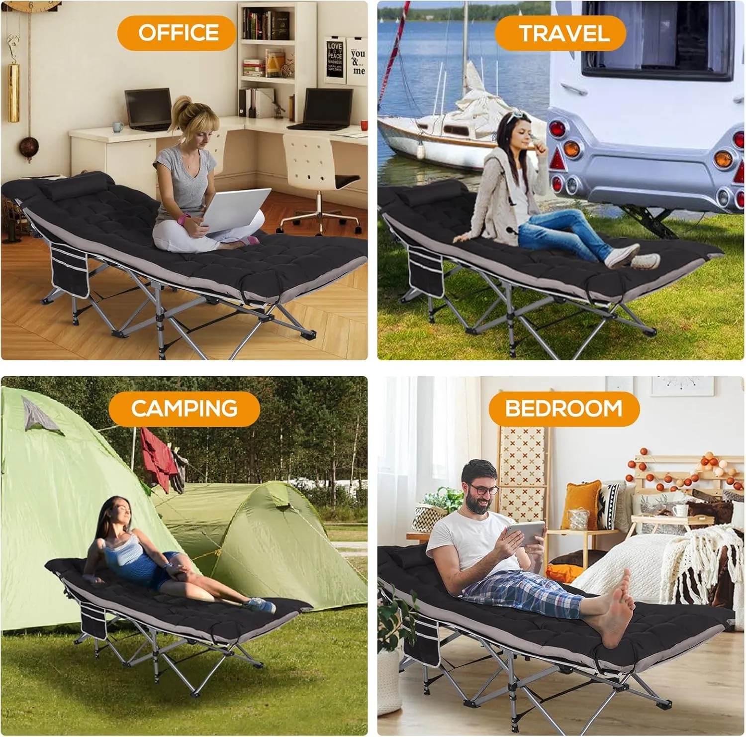 Folding Camping Cots with Pillow & Extra Thick Matress, Cots for Sleeping 900 LBS, Camping Bed for Adults with Cushion, Sleeping Cot (Black)