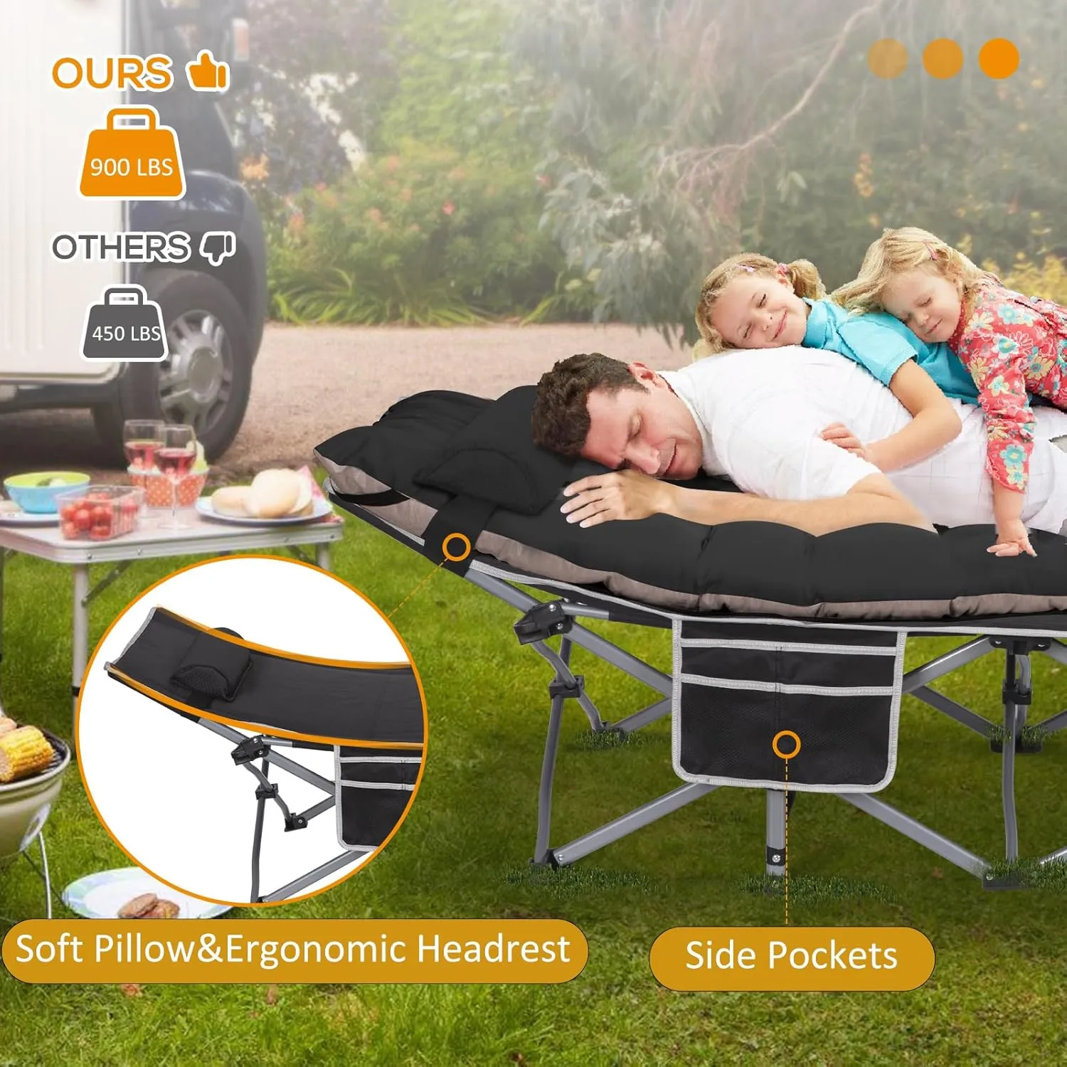 Folding Camping Cots with Pillow & Extra Thick Matress, Cots for Sleeping 900 LBS, Camping Bed for Adults with Cushion, Sleeping Cot (Black)