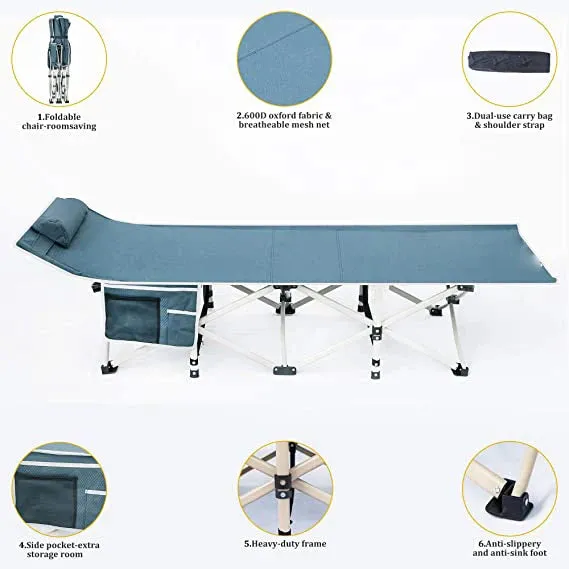 Folding Camping Sleeping Bed Tent Cot with Pillow Carry & Storage Bag Extra Wide Sturdy Heavy Duty Holds Up to 500 Lbs