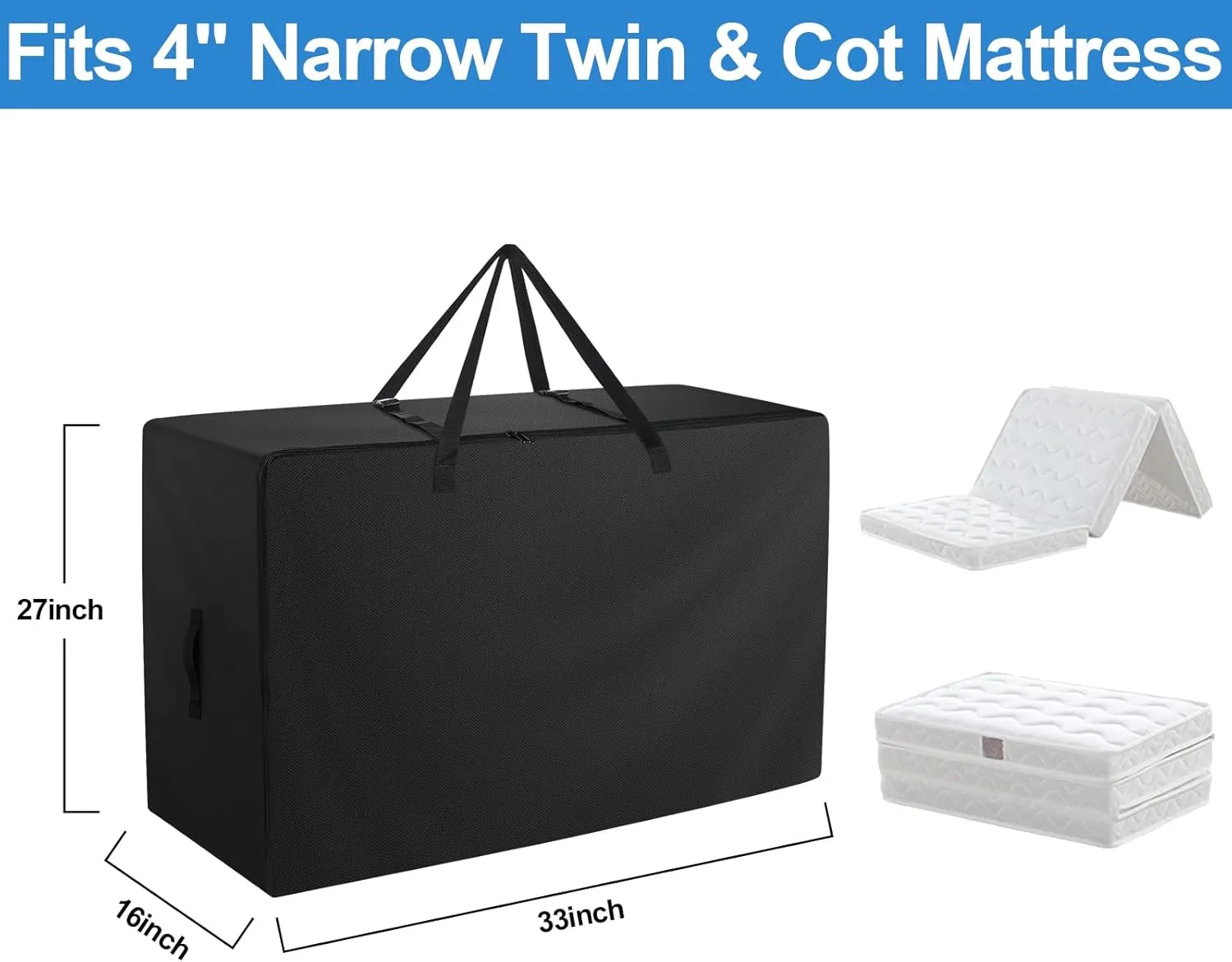 Folding Mattress Bag - 600D Oxford Cloth Heavy Duty Carry Case for Tri-Fold Guest Bed Mattress (Fits 4" Narrow Twin & Cot Mattress, Black)