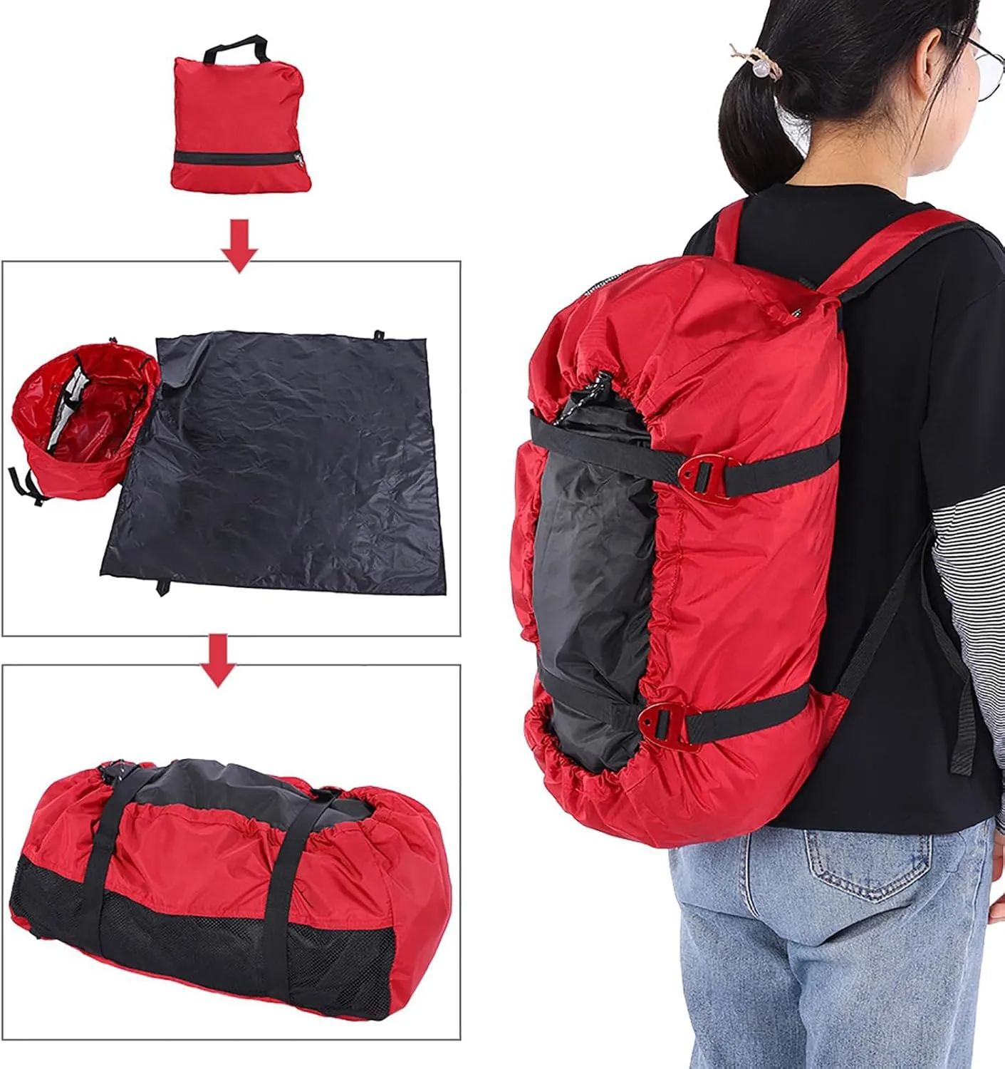 Folding Rock Climbing Rope Bag with Foldable Tarp for Outdoor Camping Hiking Strap (Red)