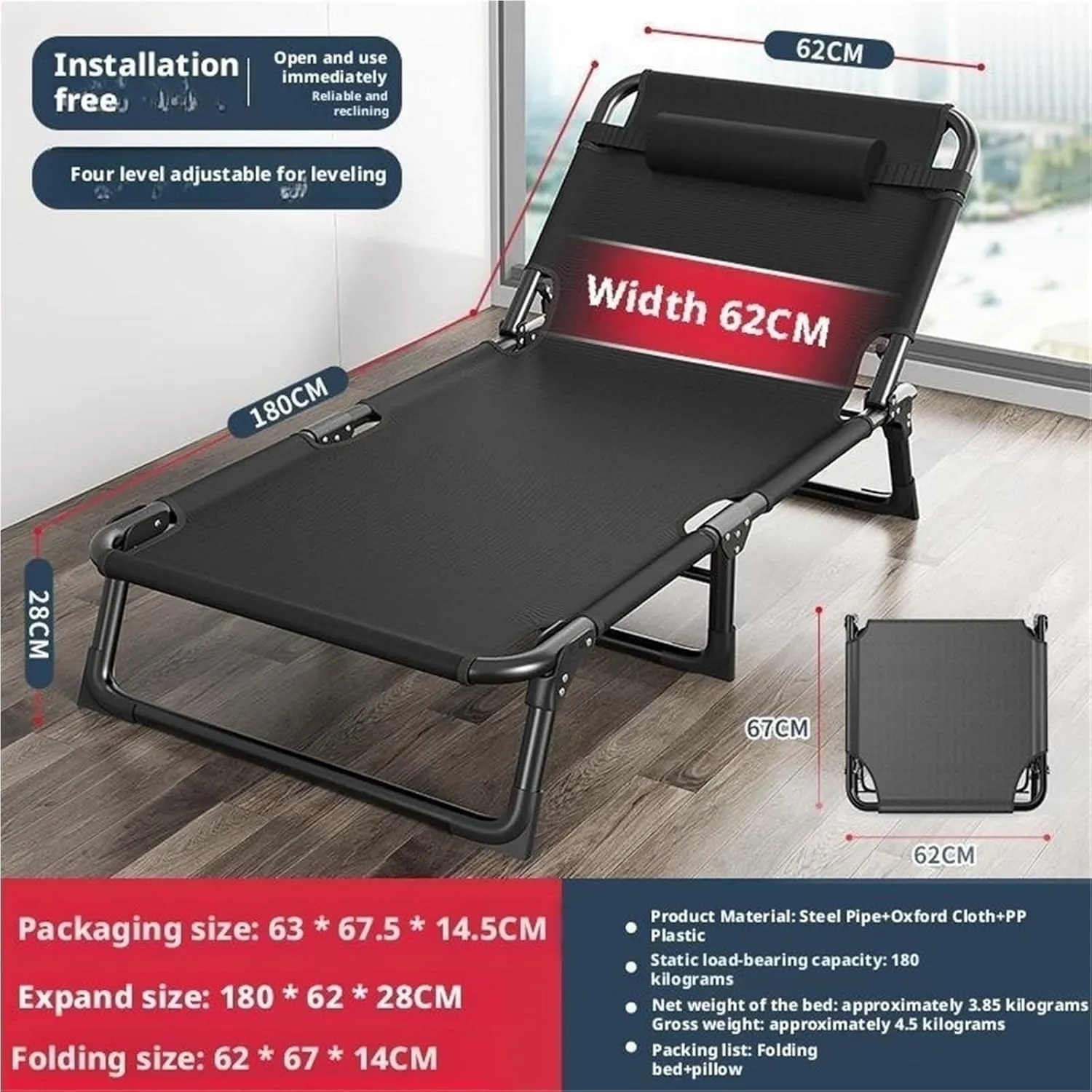 Folding Twin Bed, Folded Bed Queen, Sleeping Cots for Adults, Ergonomic Design, 4-Level Backrest Adjustment, Washable Design, no Installation Required(Style3-62x180)