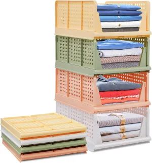 Folding Wardrobe Storage Shelf Baskets Box 4-Pack Plastic Drawer Organizer Stackable Cloth Closet Container Bin Cube Home Office Bedroom Laundry Drawer Crate Book Goods Organization -Colorful