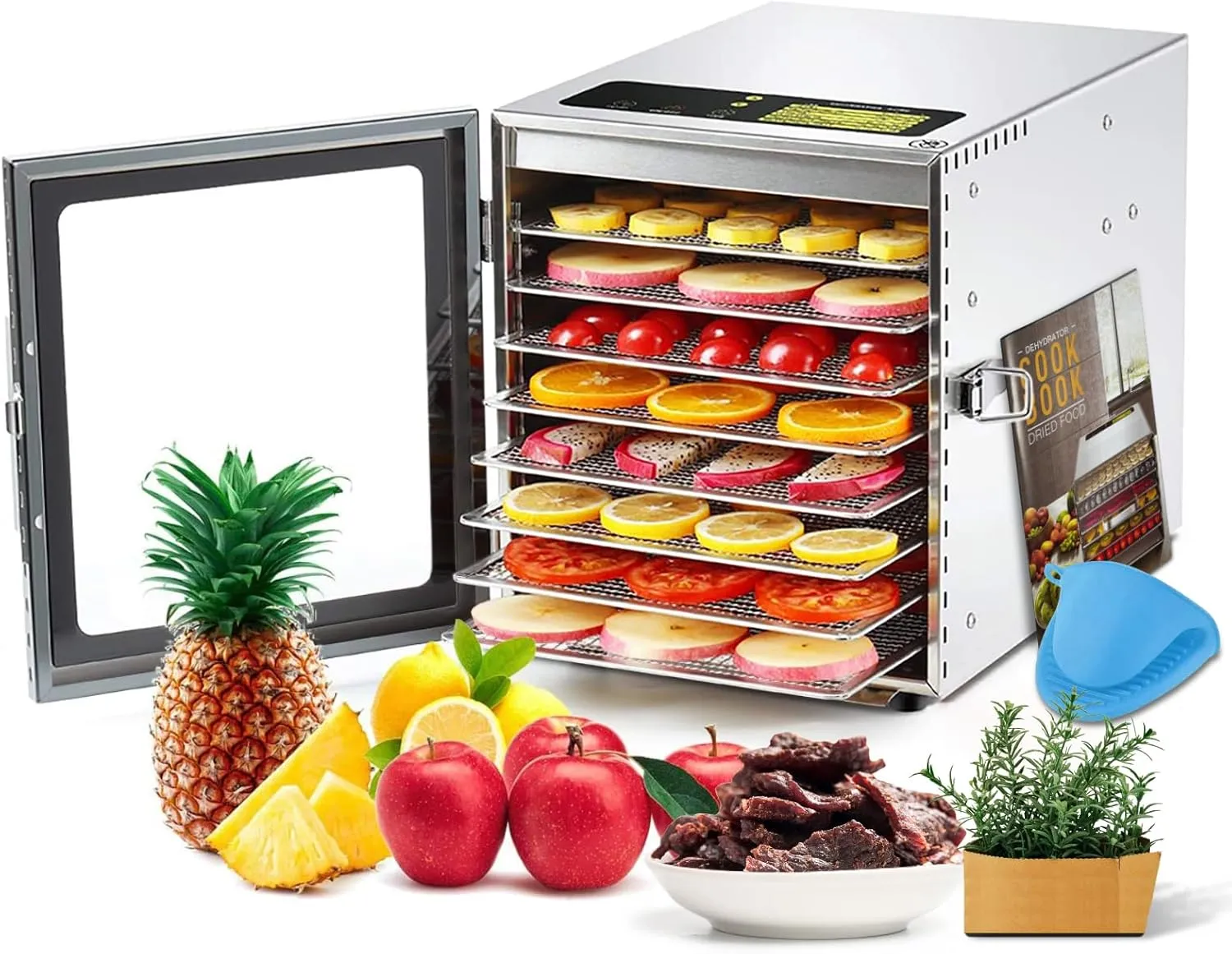 Food-Dehydrator Machine 8 Stainless Steel Trays, 500W Jerky Dehydrator for Meat, 190ºF Mushroom Dryer, 24H Timer Fruits Dryer for Herbs, Veggies, Yogurt & Dog Treats